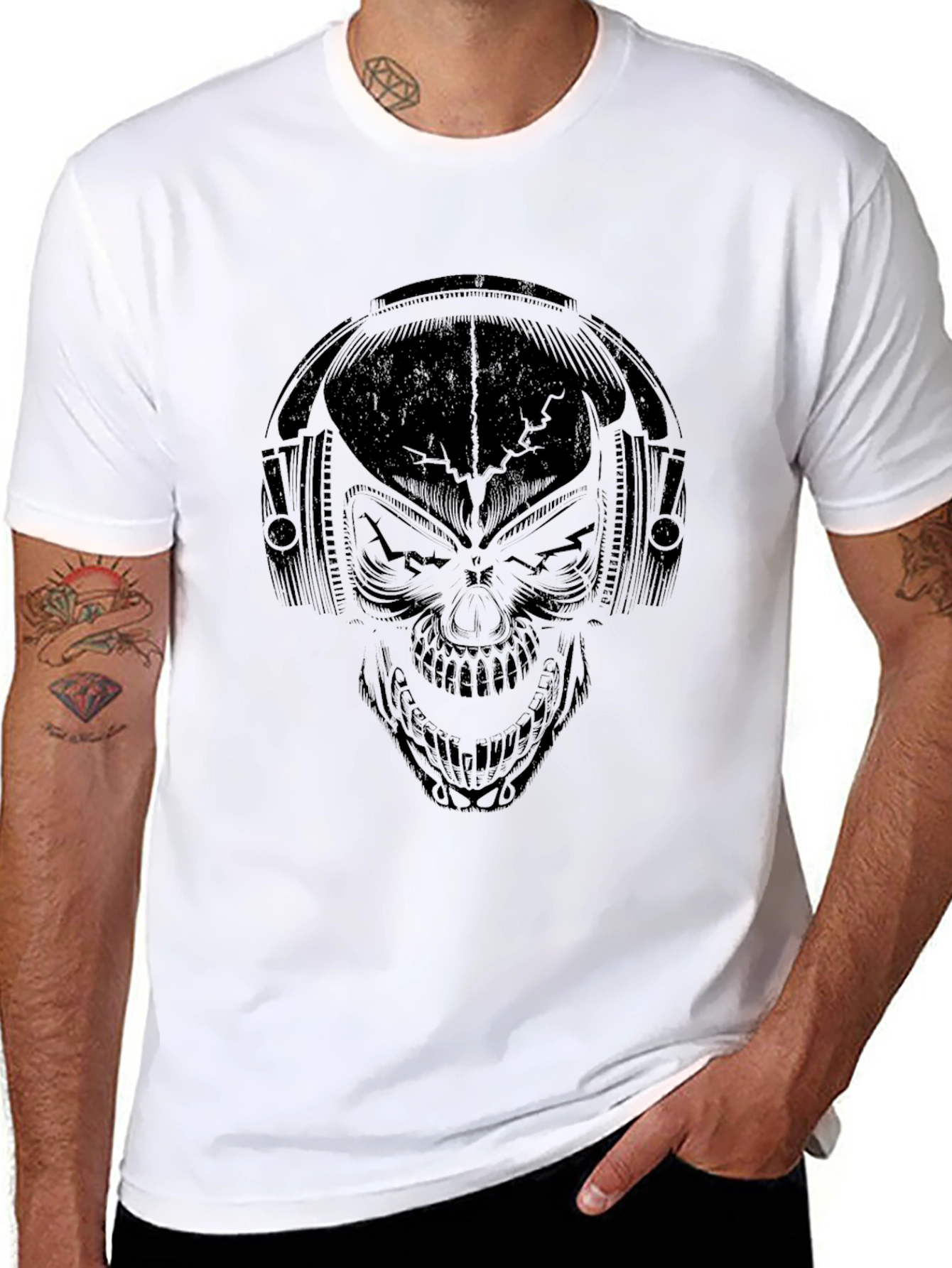 Skull With Headphones Graphic Tee - Mens Black T-Shirt