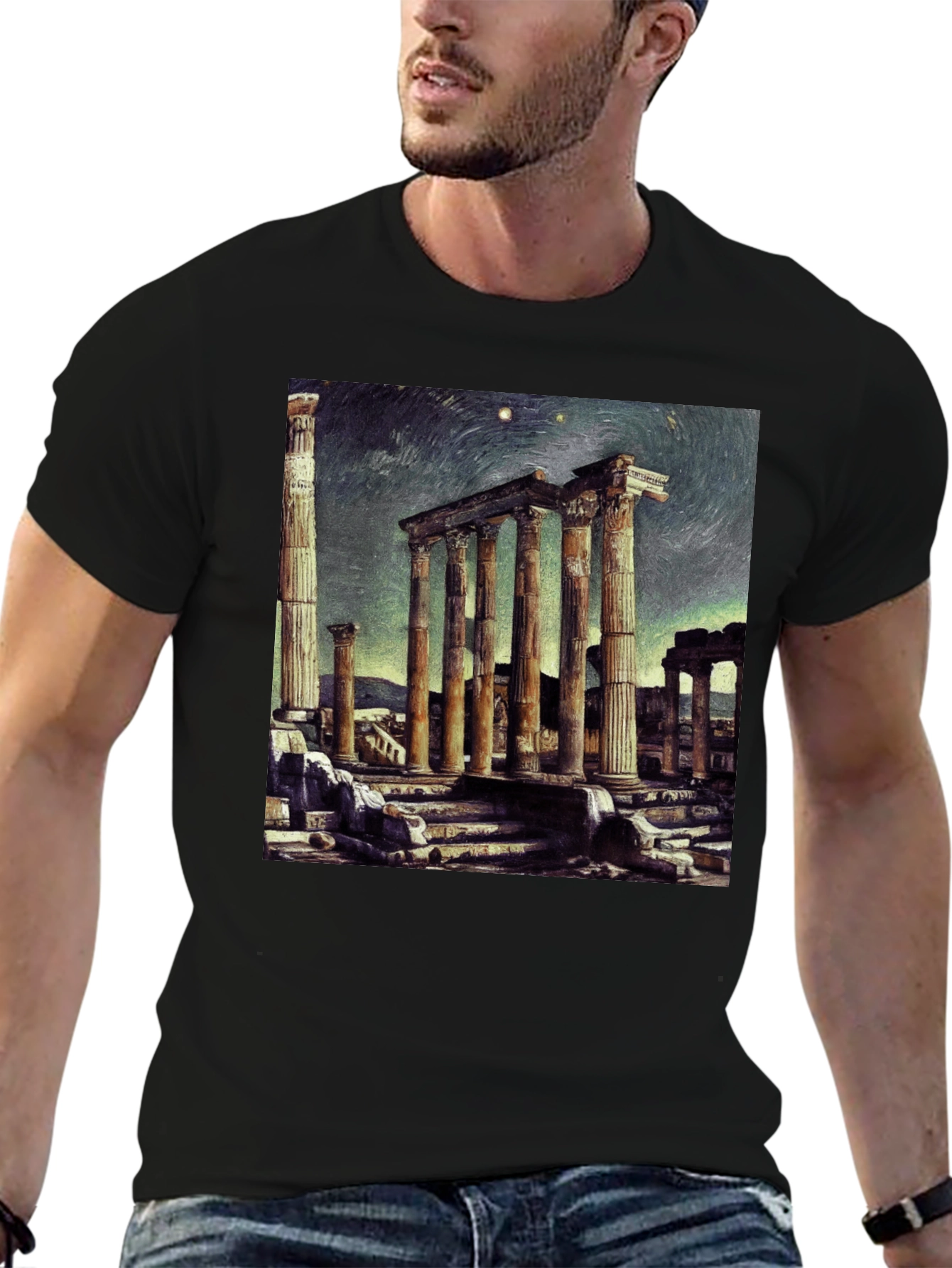 Temple Ruins Graphic Tee - Artistic Black T-Shirt
