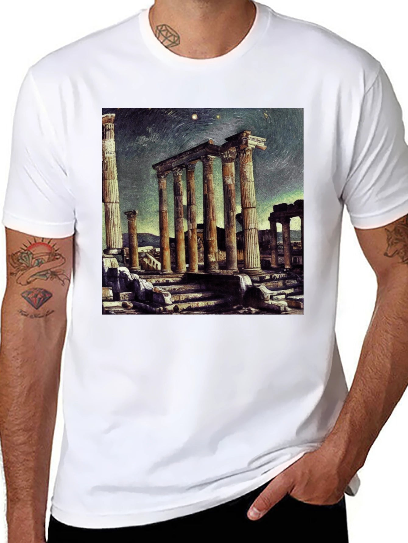 Temple Ruins Graphic Tee - Artistic Black T-Shirt
