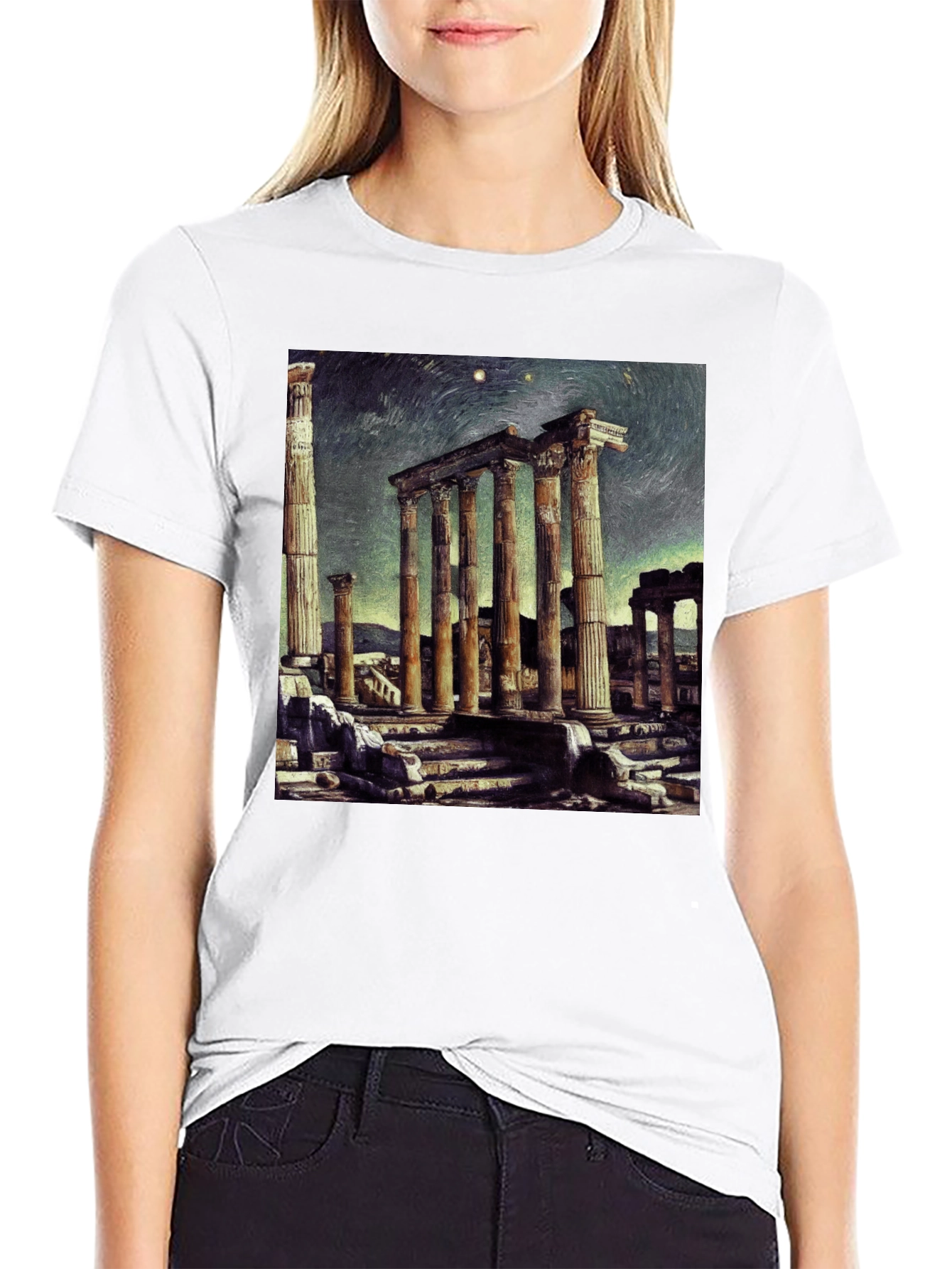 Temple Ruins Graphic Tee - Artistic Black T-Shirt