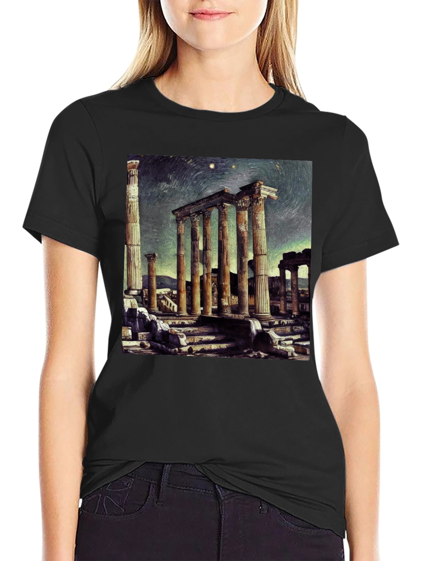 Temple Ruins Graphic Tee - Artistic Black T-Shirt