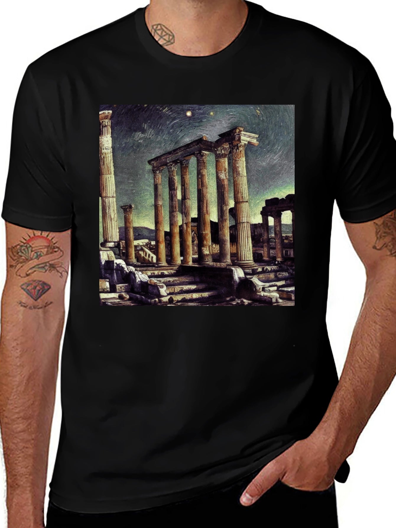 Temple Ruins Graphic Tee - Artistic Black T-Shirt