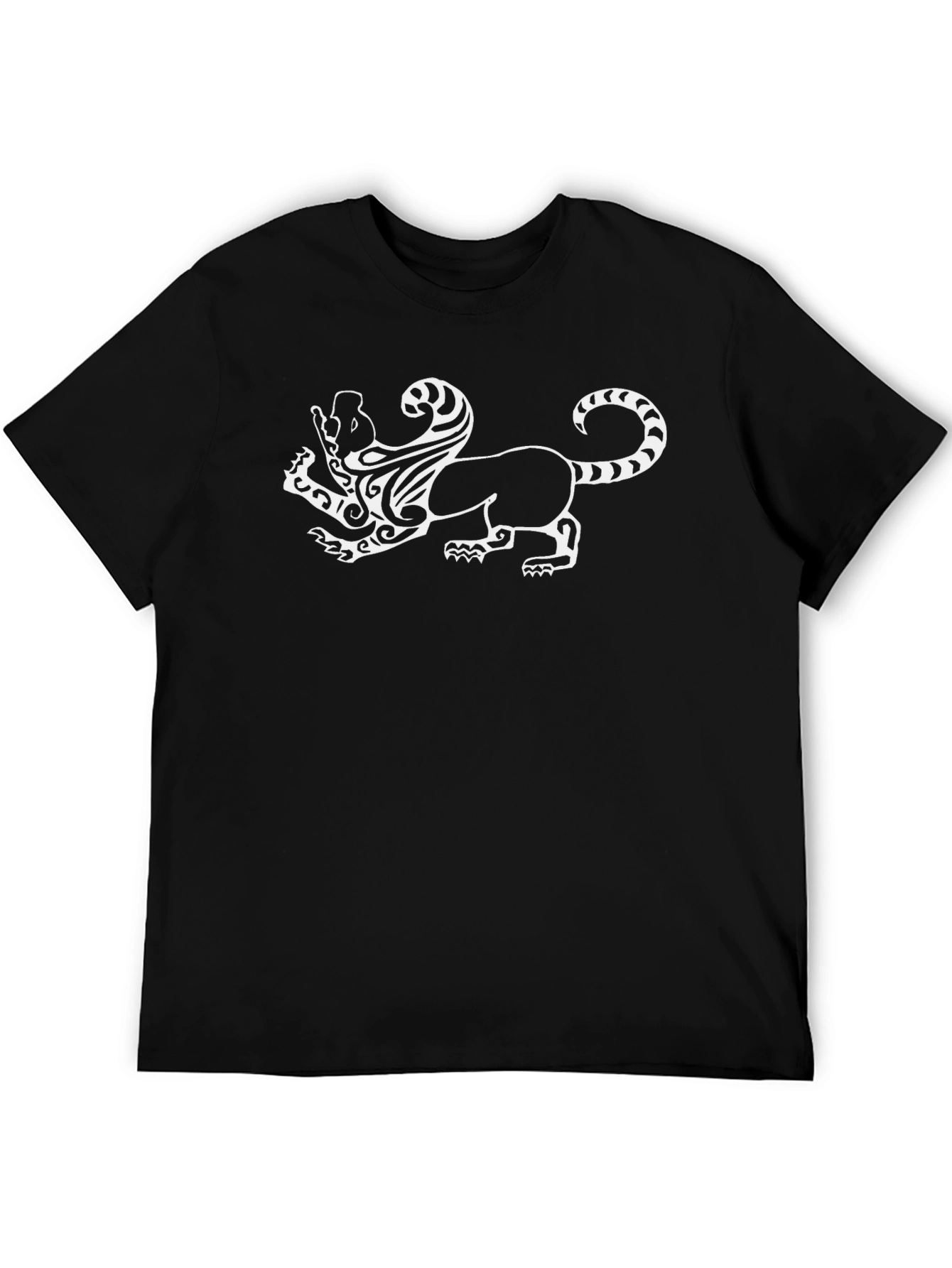 Black T-Shirt with White Mythical Lion Design