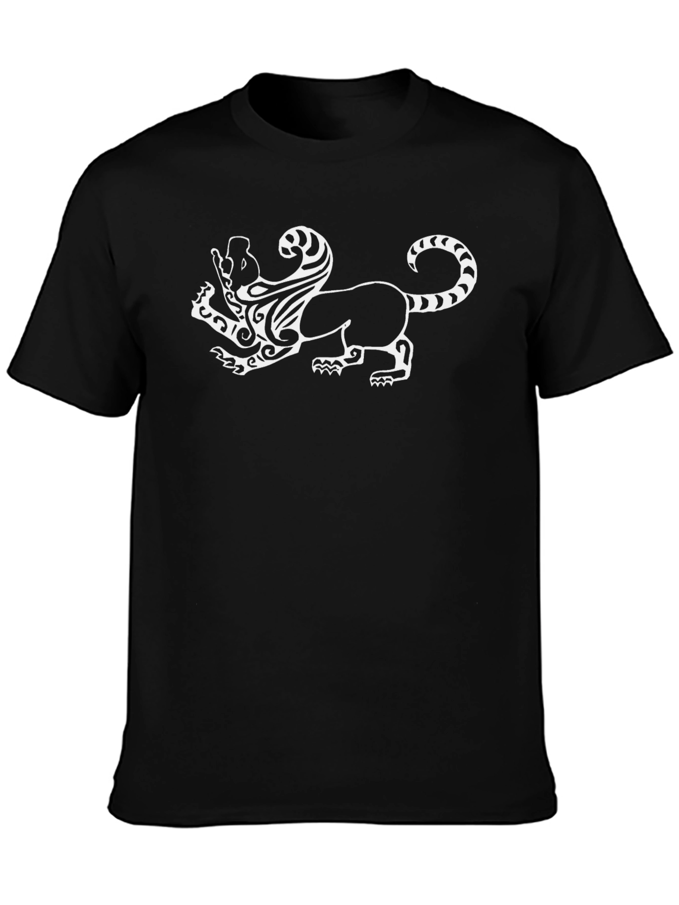 Black T-Shirt with White Mythical Lion Design