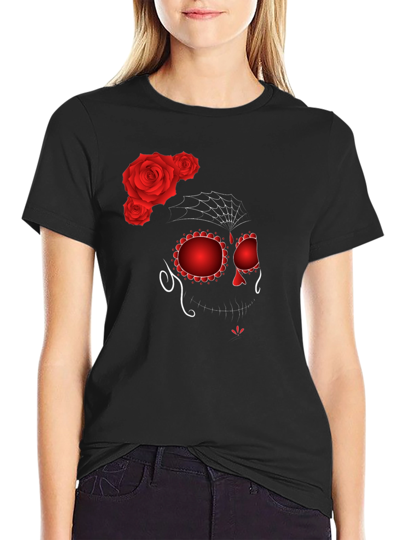 Sugar Skull Rose Graphic Tee - Black
