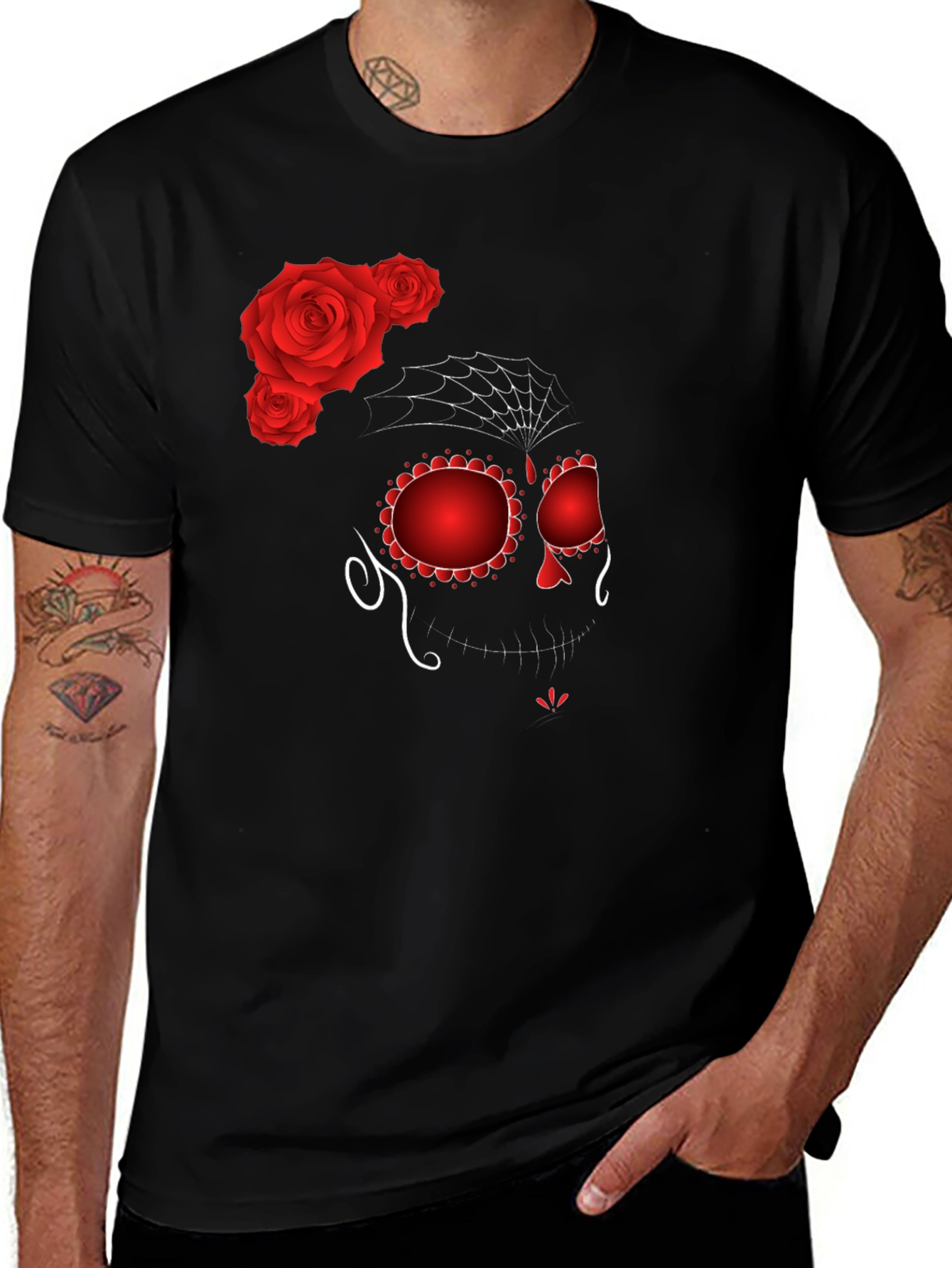 Sugar Skull Rose Graphic Tee - Black
