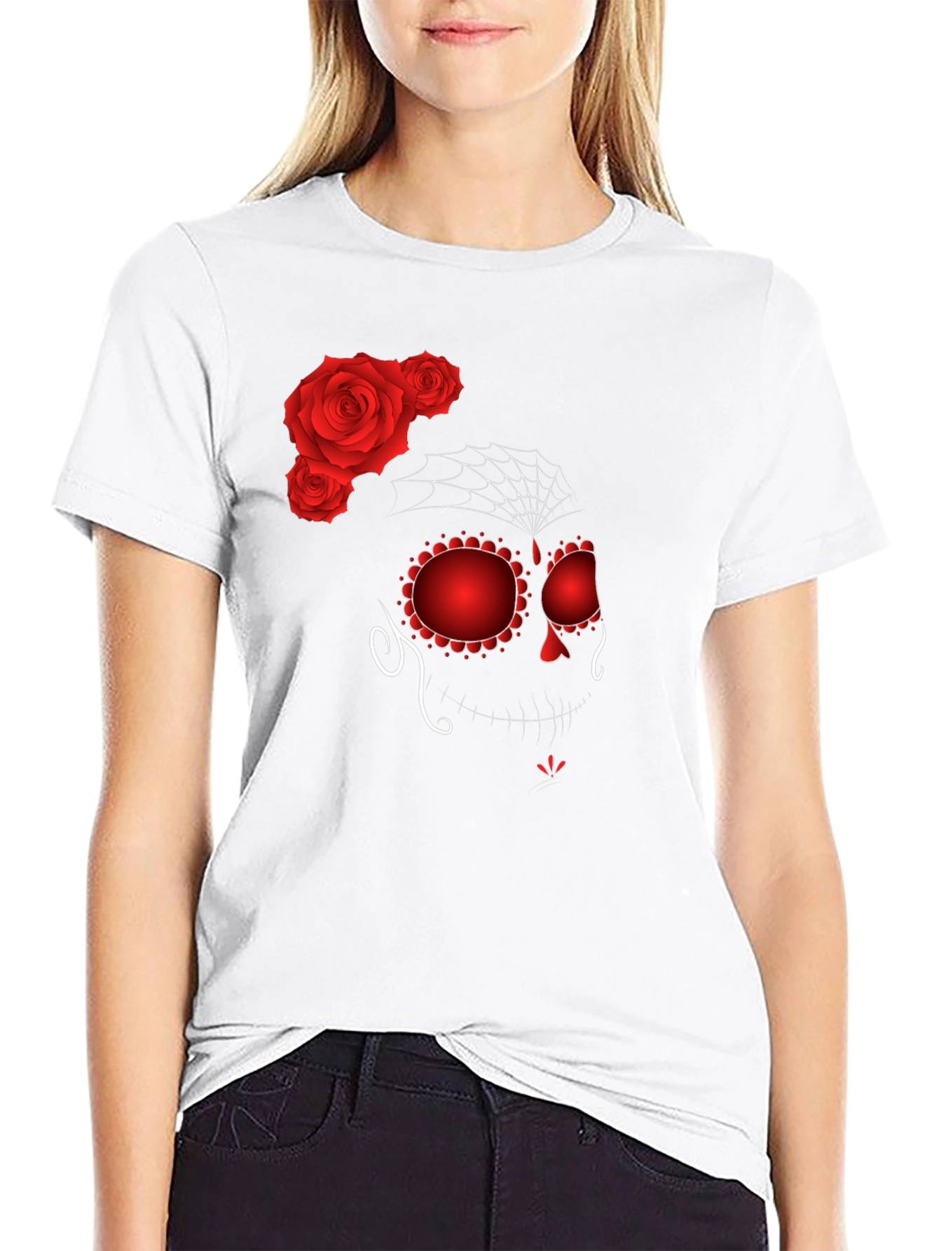 Sugar Skull Rose Graphic Tee - Black