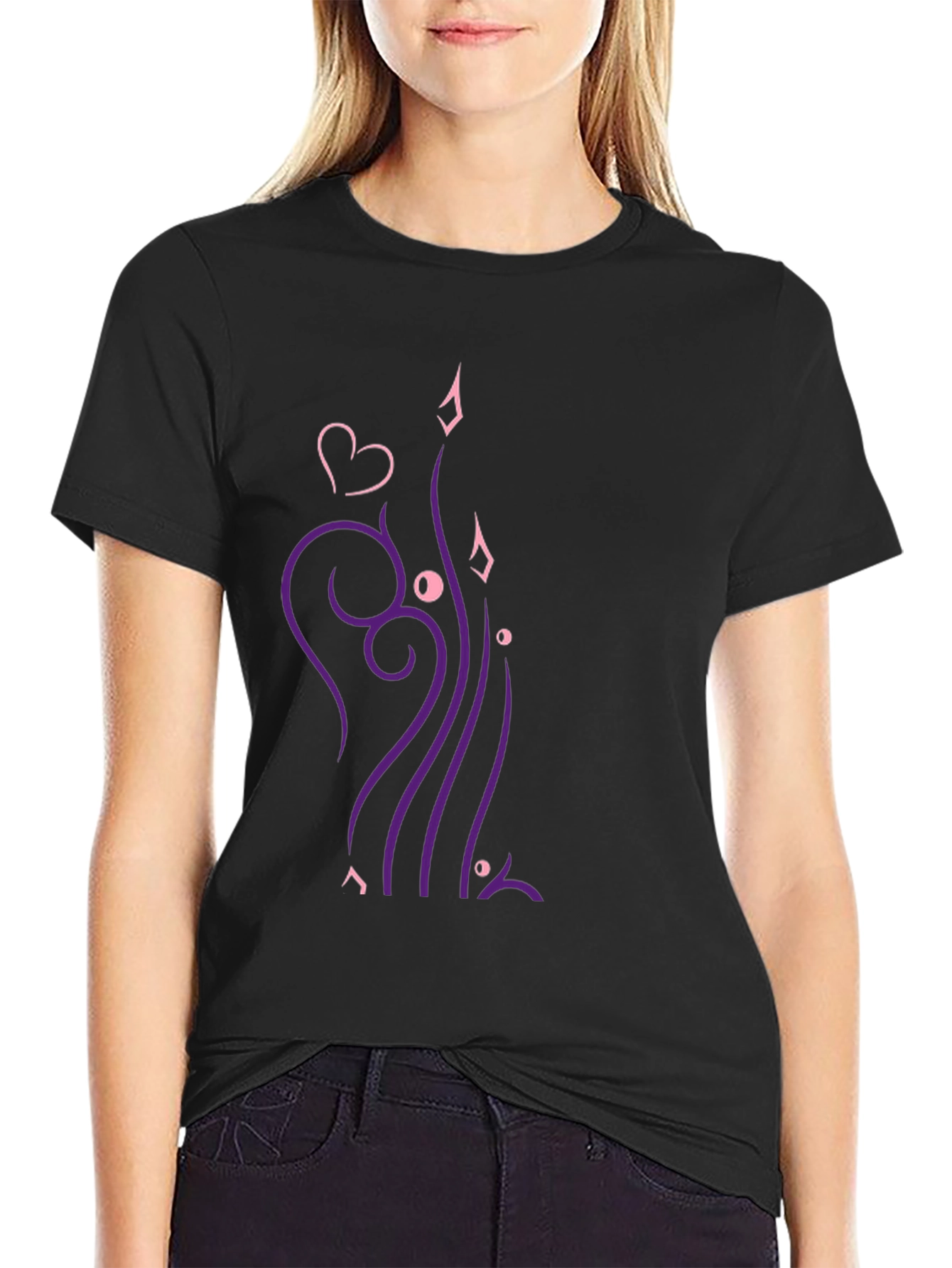 Stylish Black T-Shirt with Heart & Swirl Design