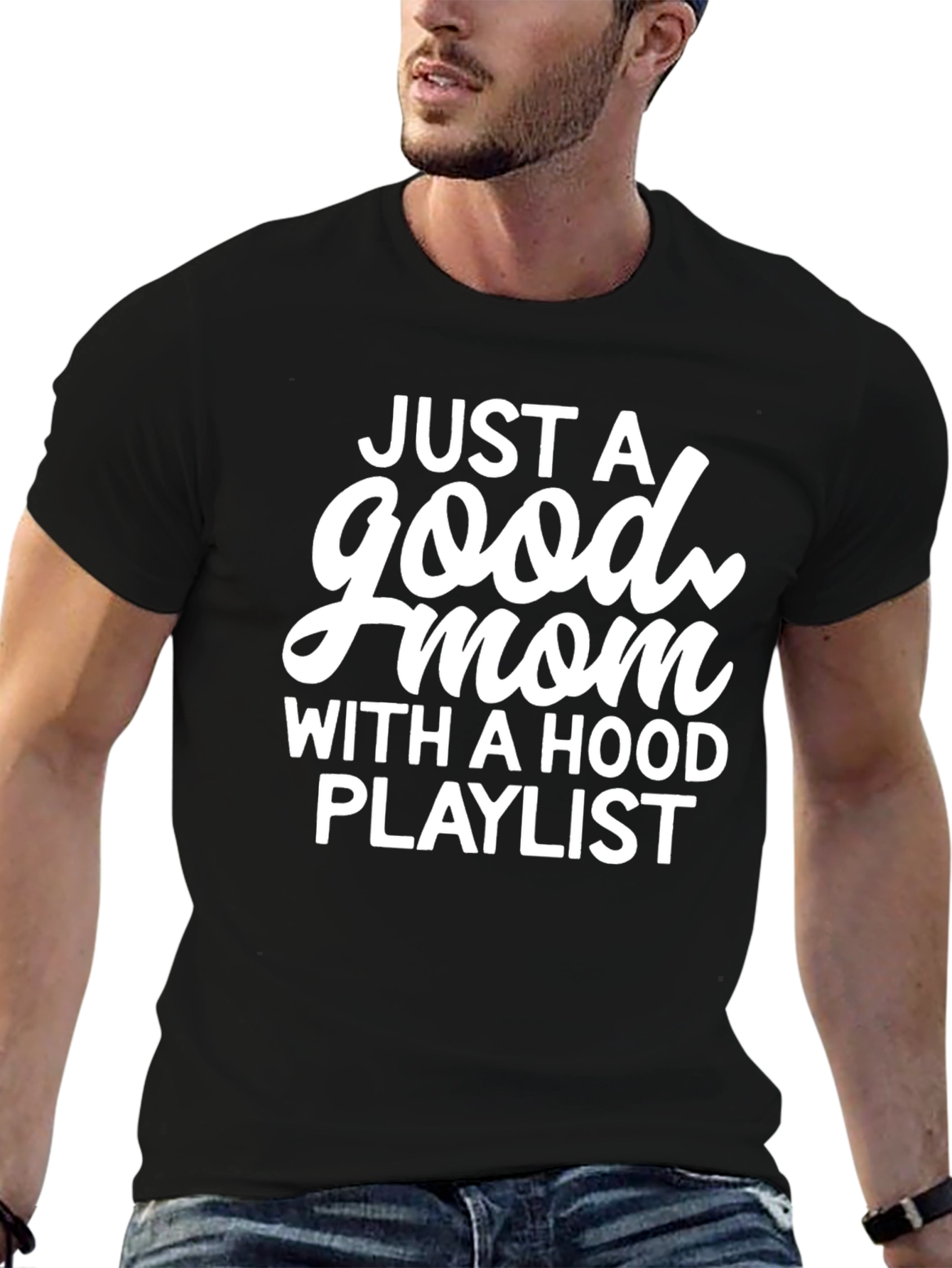 Good Mom Hood Playlist Black Graphic Tee