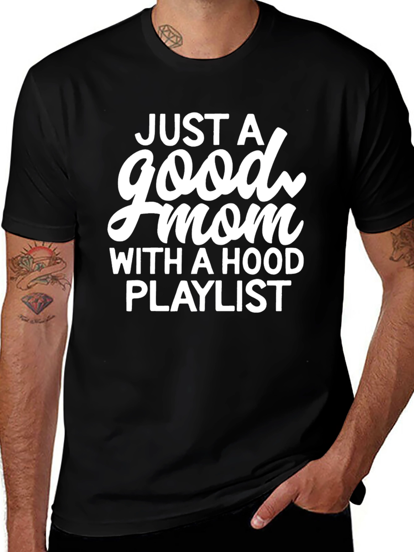 Good Mom Hood Playlist Black Graphic Tee
