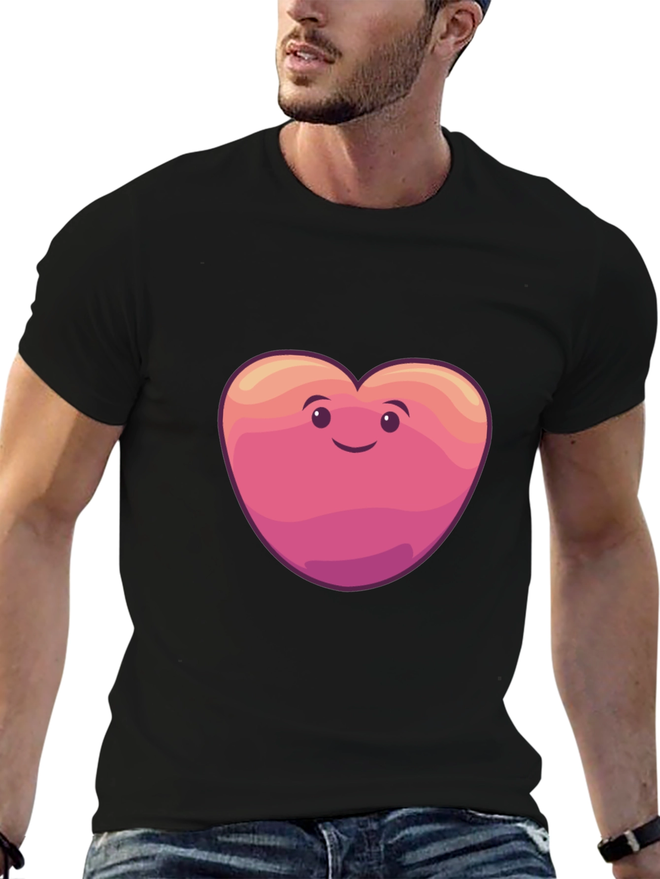 Cute Heart Face Graphic Tee - Black Cotton Blend