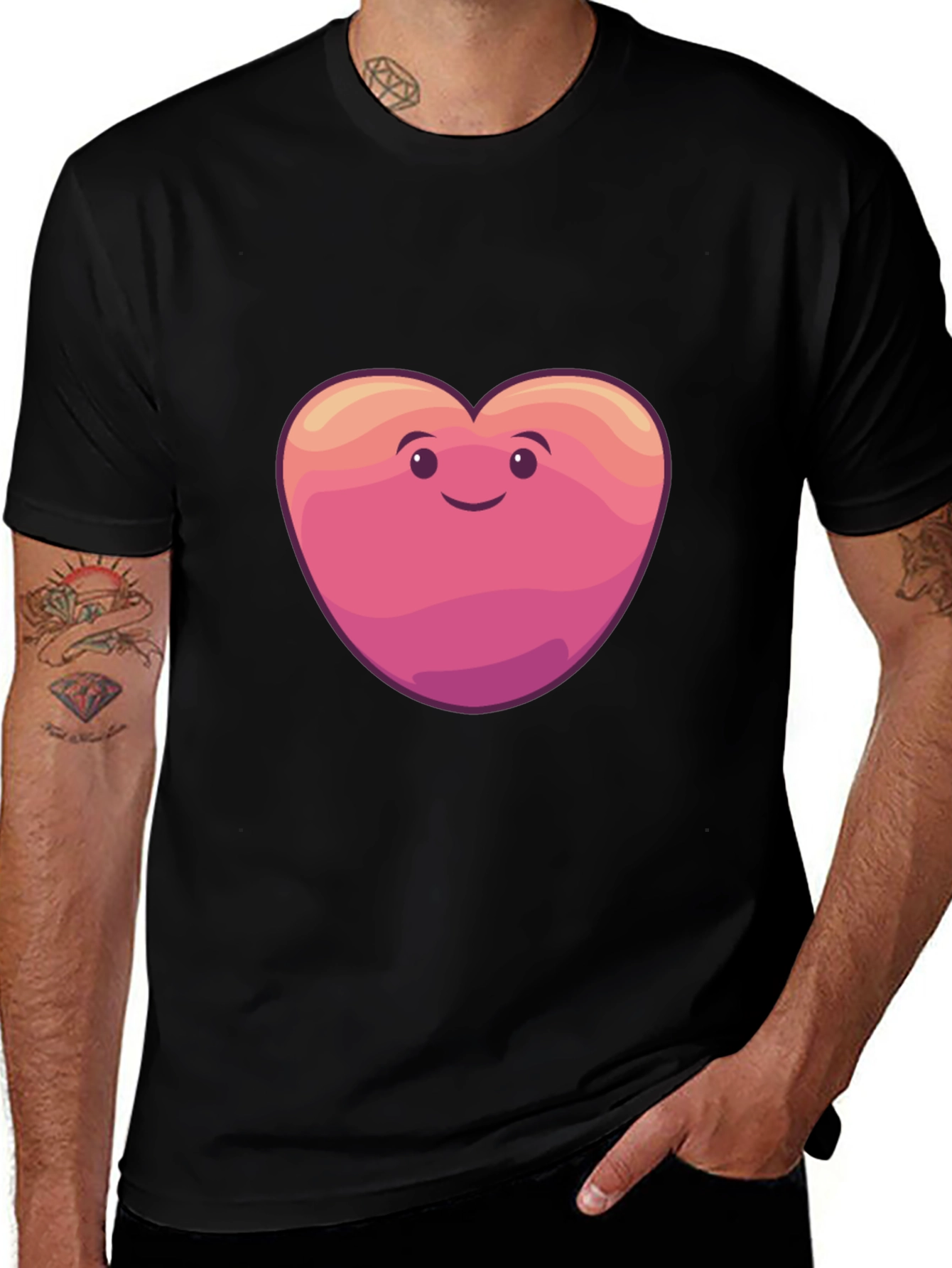 Cute Heart Face Graphic Tee - Black Cotton Blend
