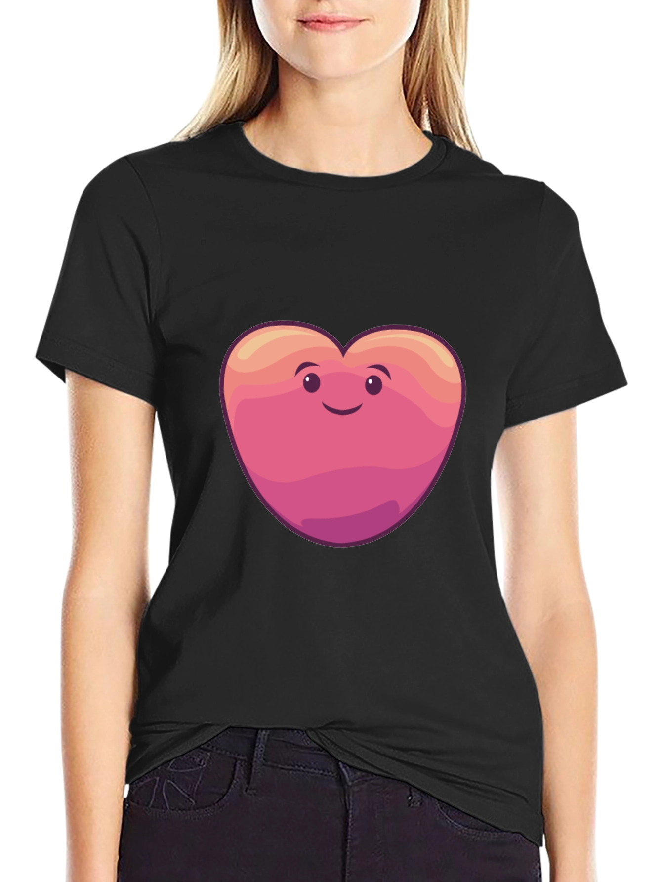 Cute Heart Face Graphic Tee - Black Cotton Blend