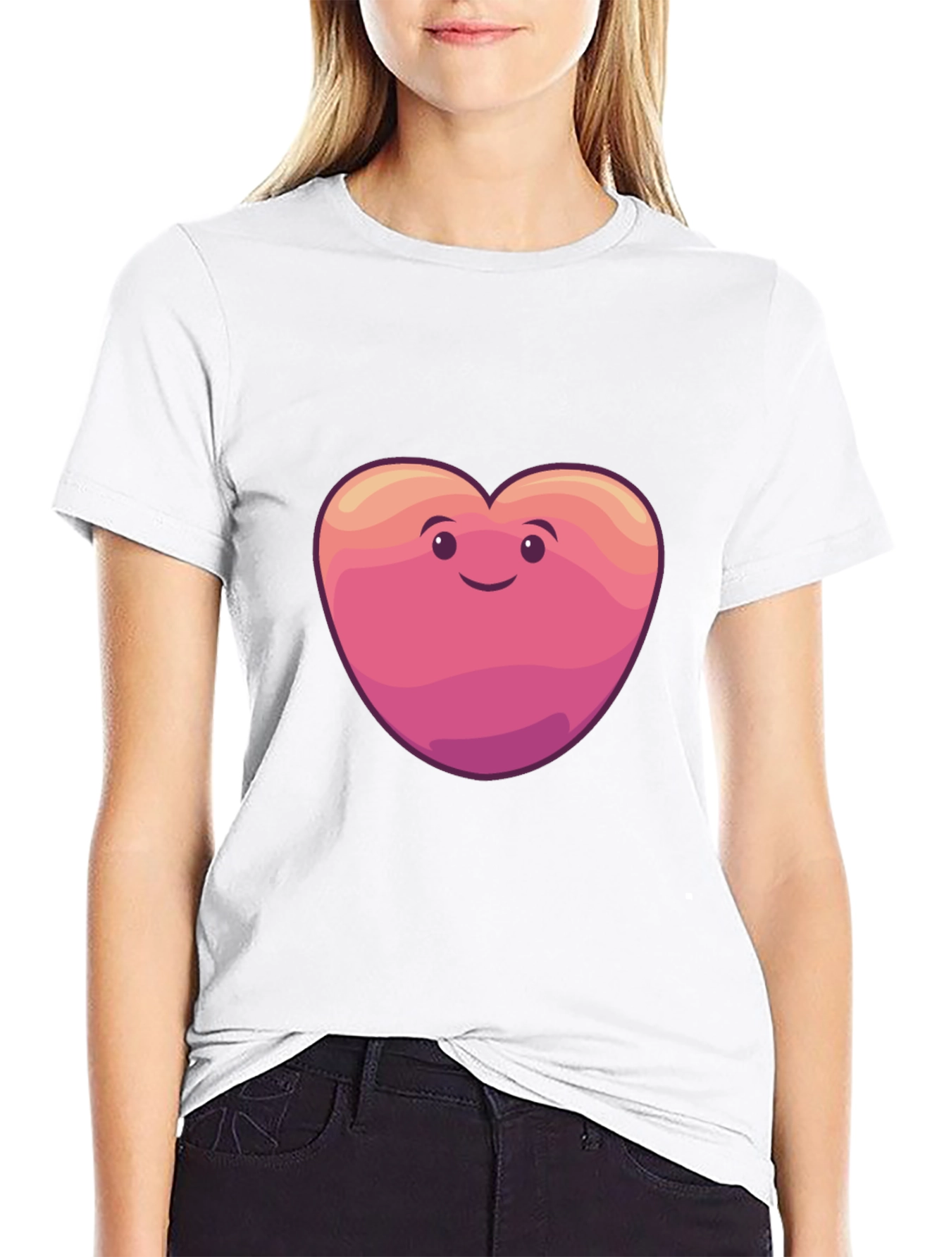 Cute Heart Face Graphic Tee - Black Cotton Blend