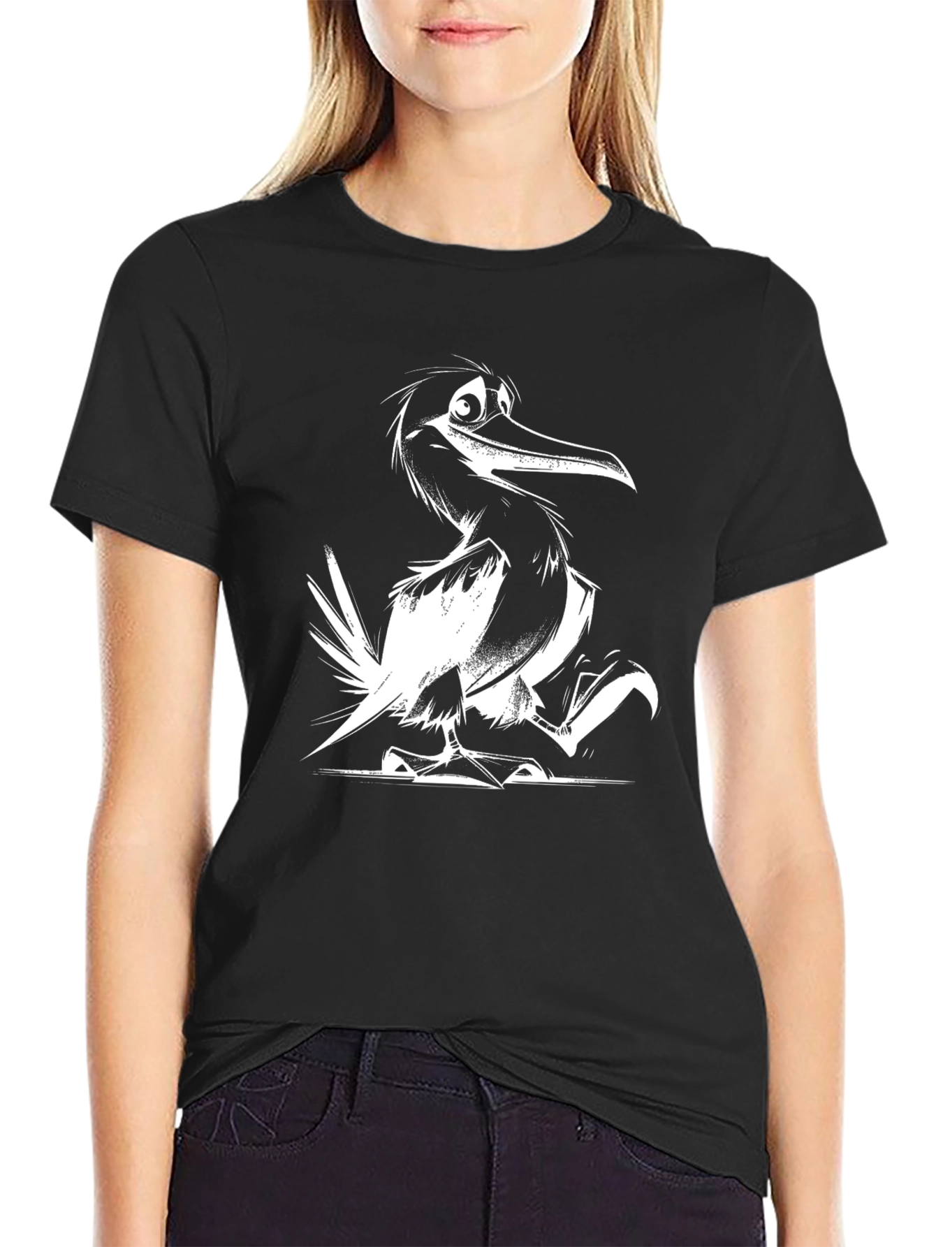 Cartoon Bird Graphic Black Tee