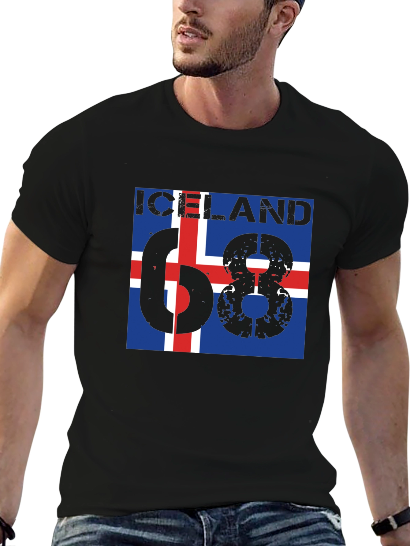 Iceland 68 T-Shirt - Flag Design Black Cotton Tee