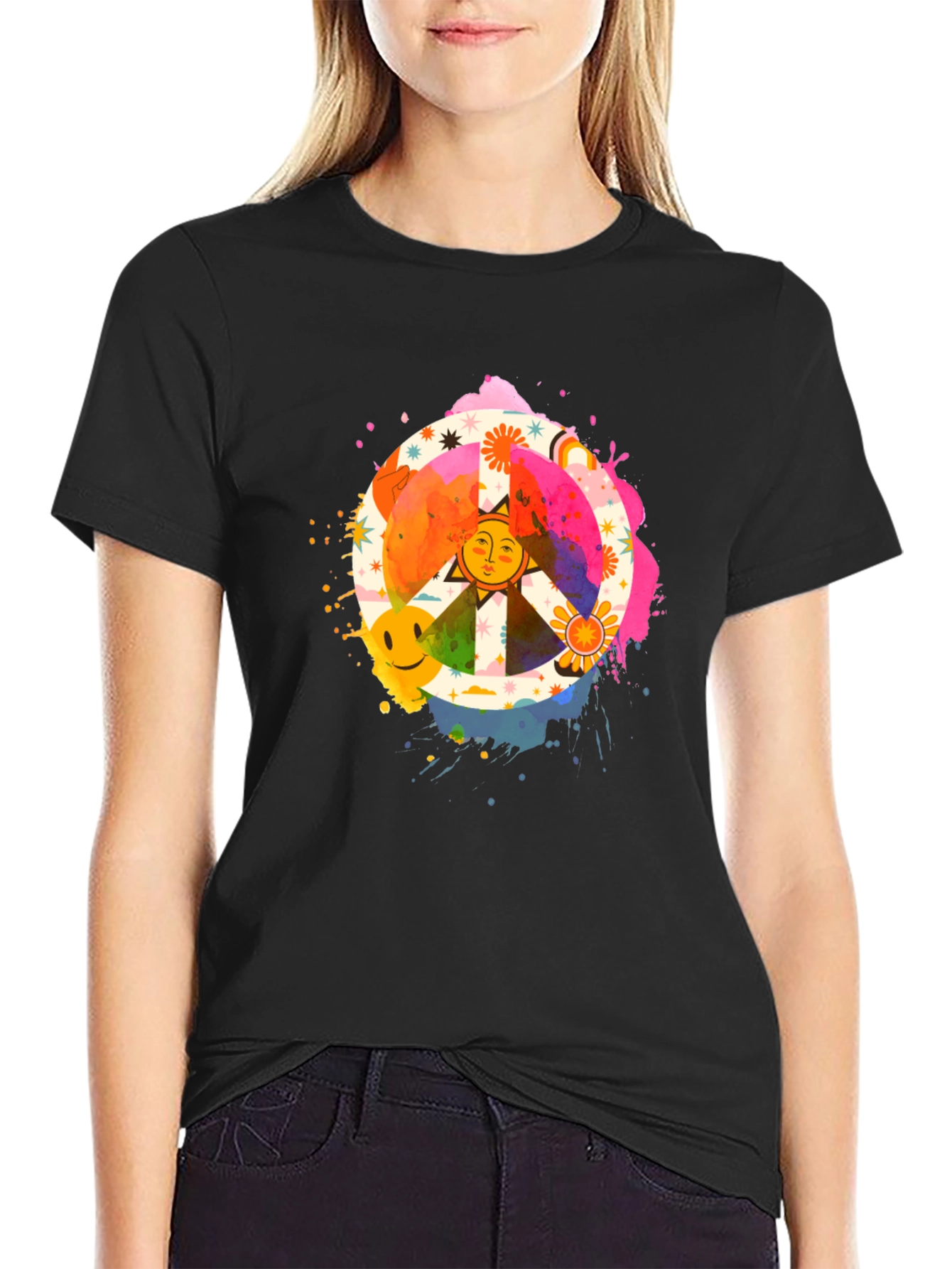Groovy Peace Sign Graphic Tee - Black Cotton T-Shirt