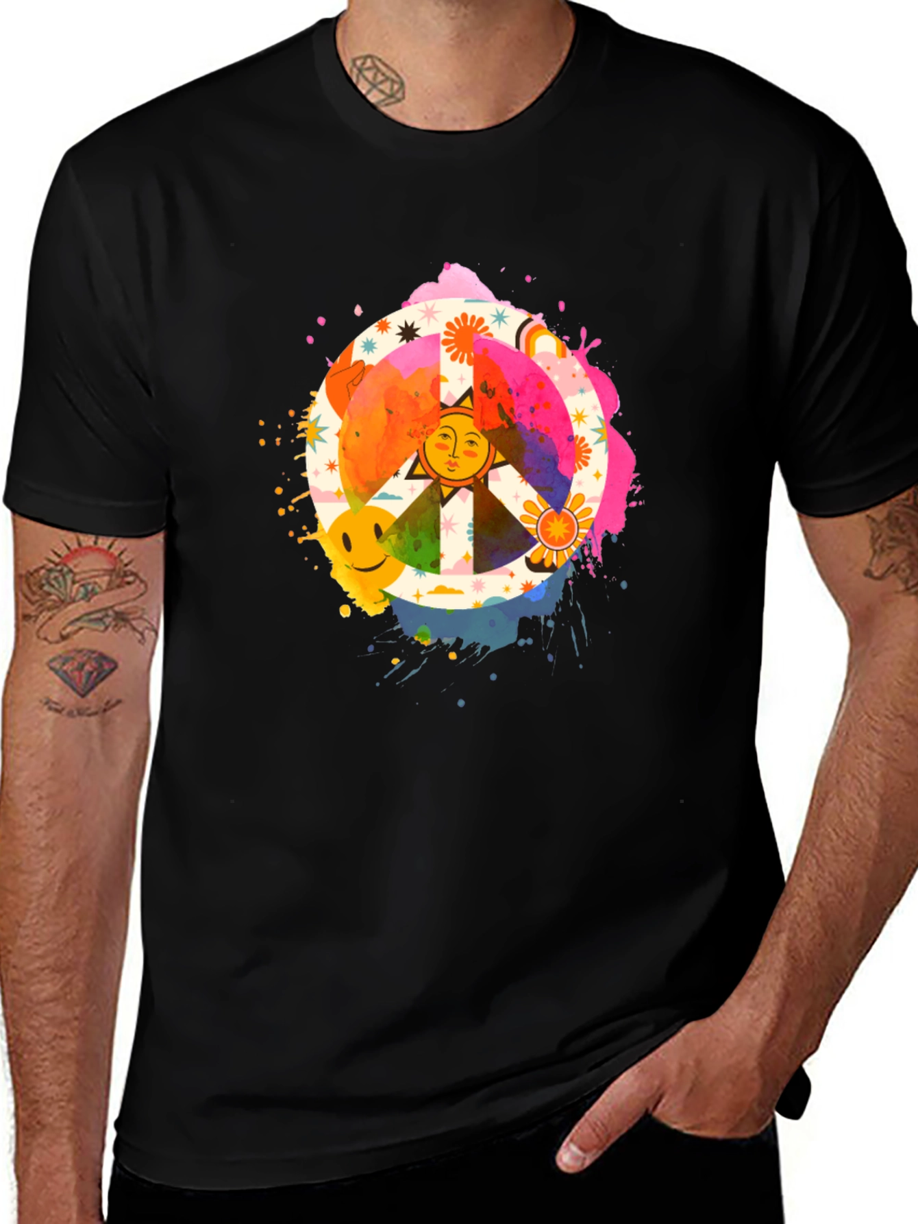 Groovy Peace Sign Graphic Tee - Black Cotton T-Shirt