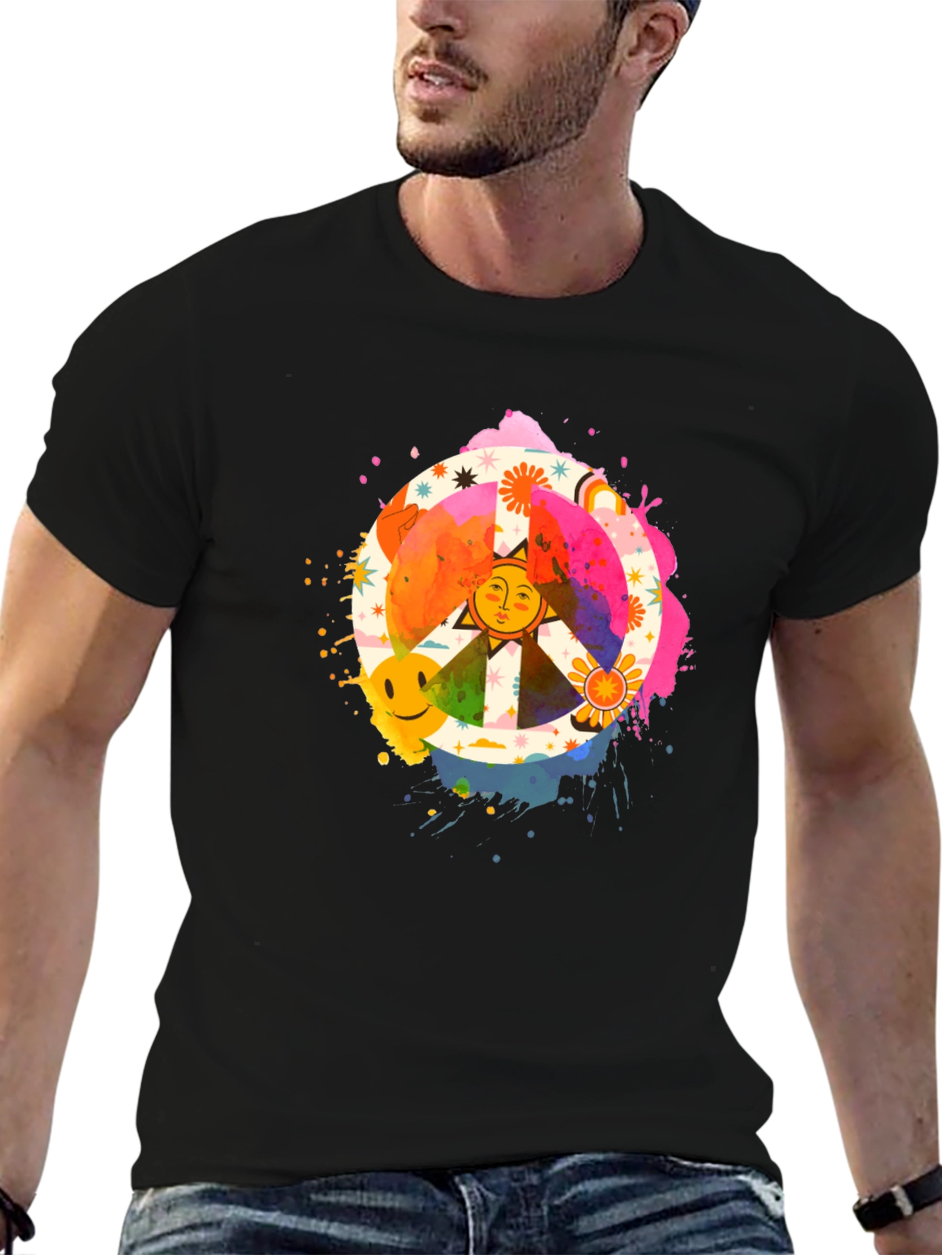 Groovy Peace Sign Graphic Tee - Black Cotton T-Shirt