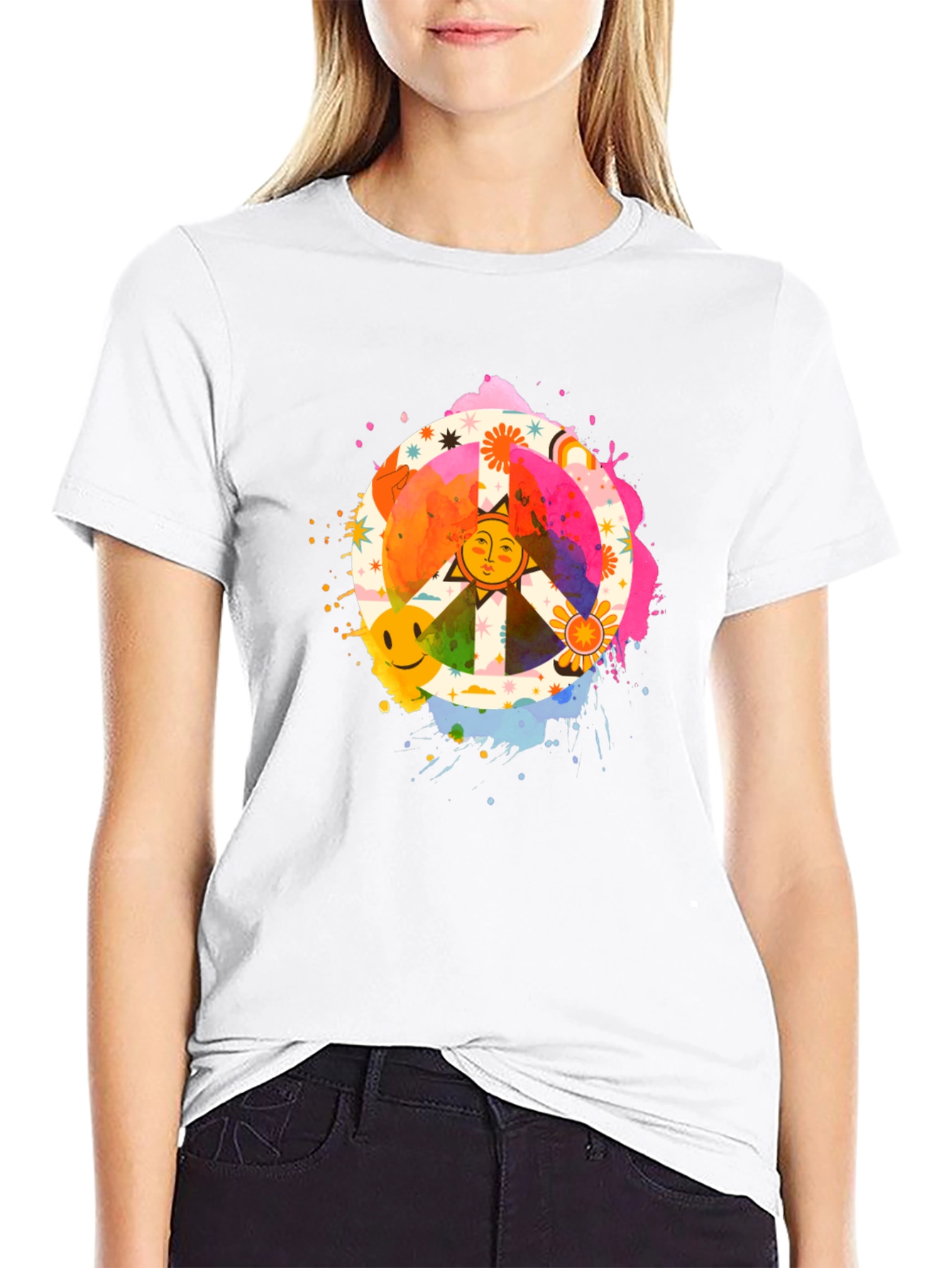 Groovy Peace Sign Graphic Tee - Black Cotton T-Shirt