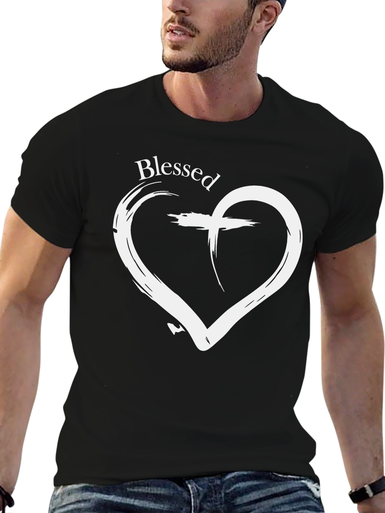 Blessed Heart Cross Graphic Black T-Shirt