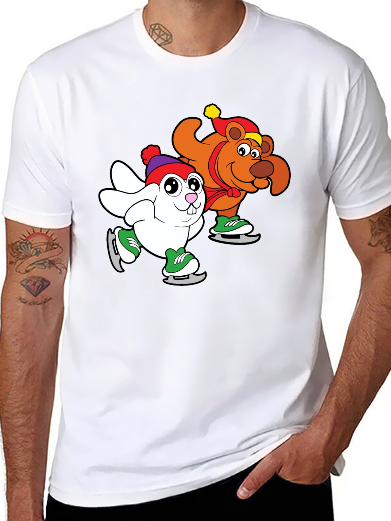 Cartoon Ice Skating Animals Black T-Shirt