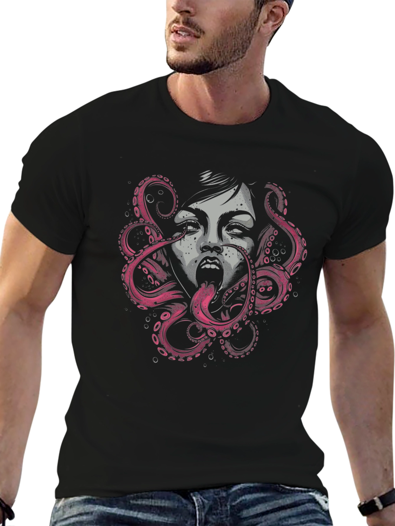 Octopus Woman Graphic Tee - Black Cotton T-Shirt
