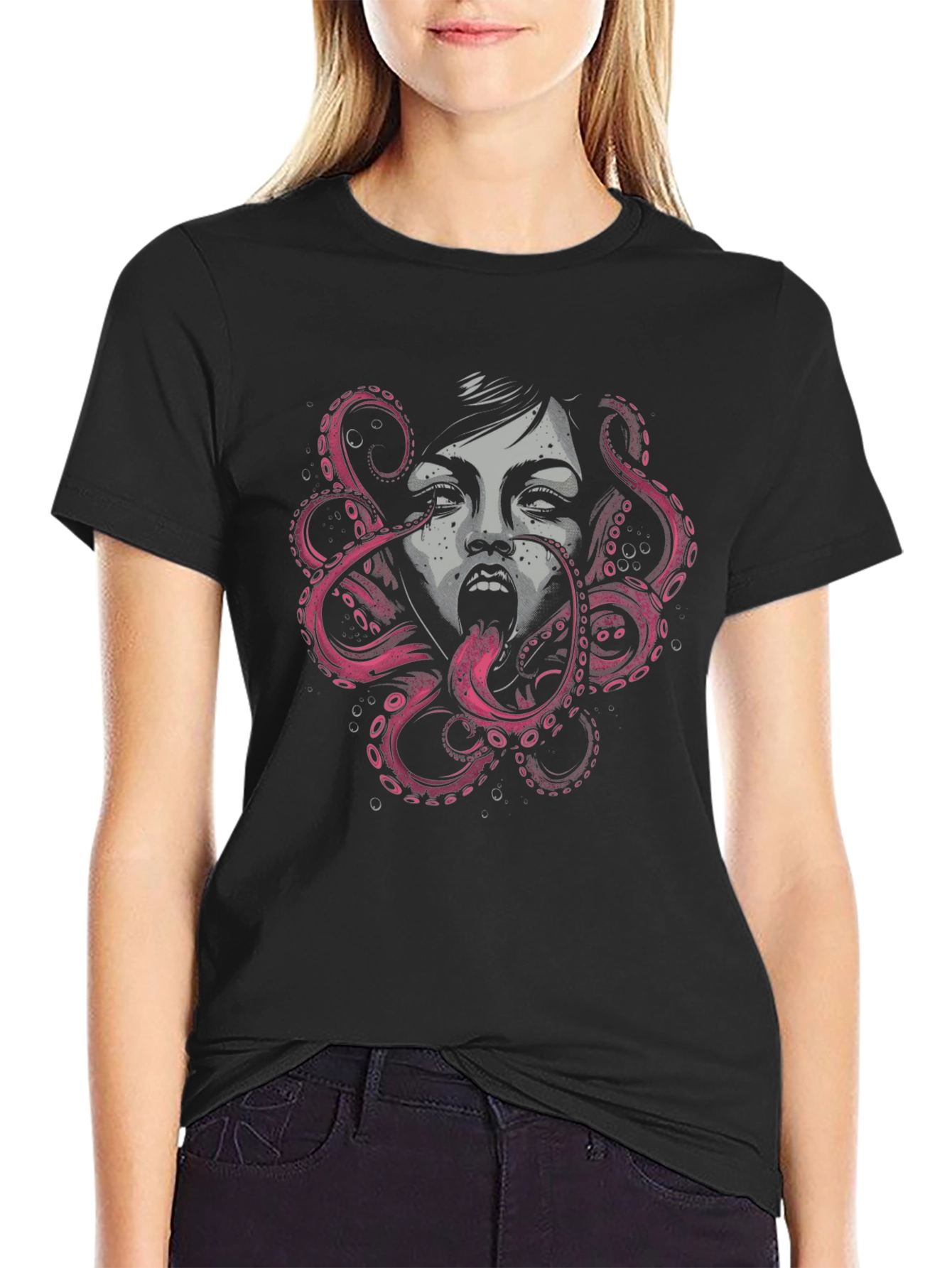 Octopus Woman Graphic Tee - Black Cotton T-Shirt