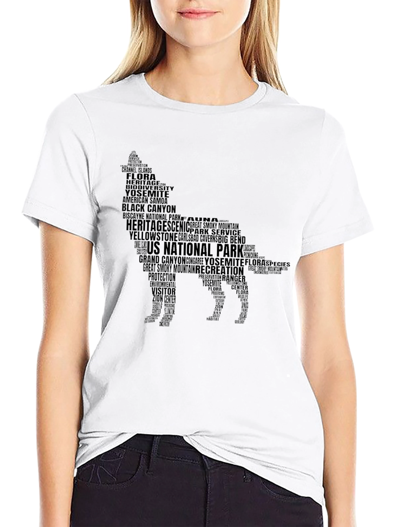 National Park Wolf Silhouette Word Art T-Shirt