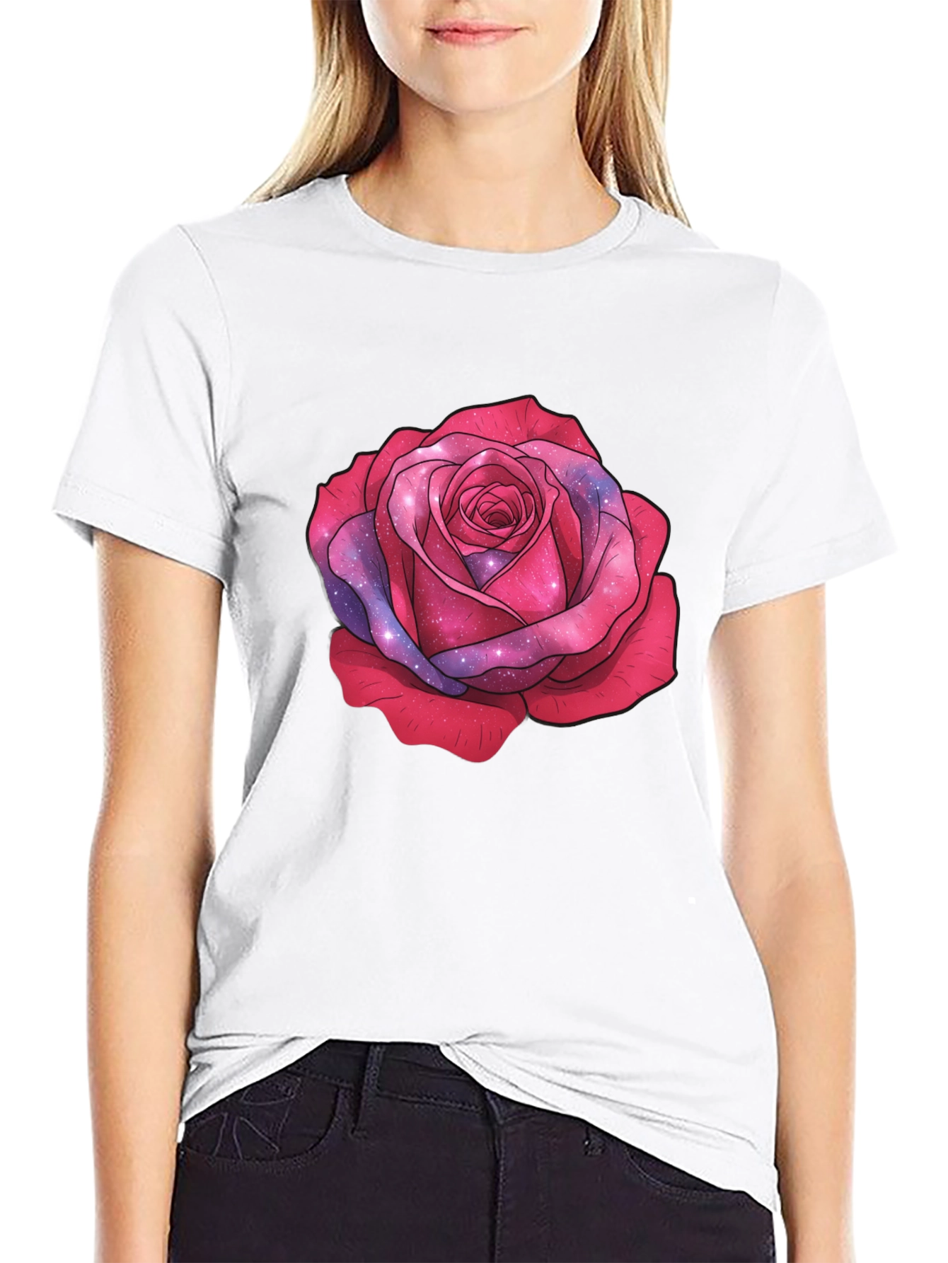 Galaxy Rose Black T-Shirt - Stylish Floral Tee
