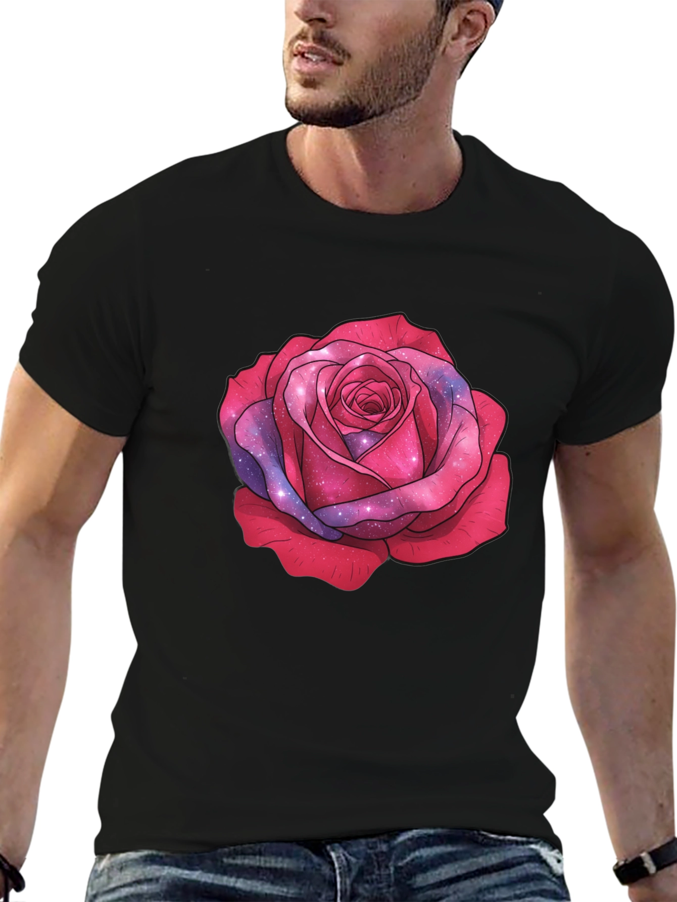 Galaxy Rose Black T-Shirt - Stylish Floral Tee