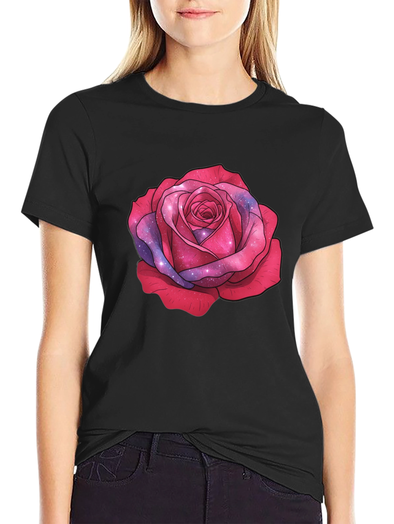 Galaxy Rose Black T-Shirt - Stylish Floral Tee