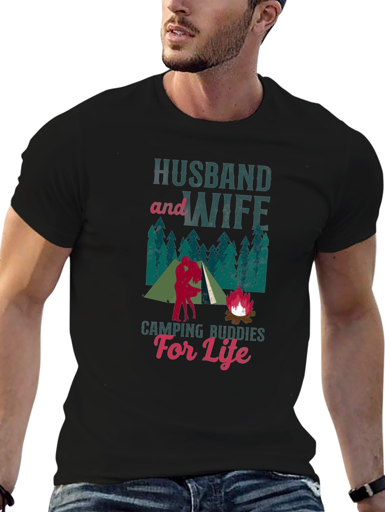 Husband and Wife Camping Buddies Black T-Shirt