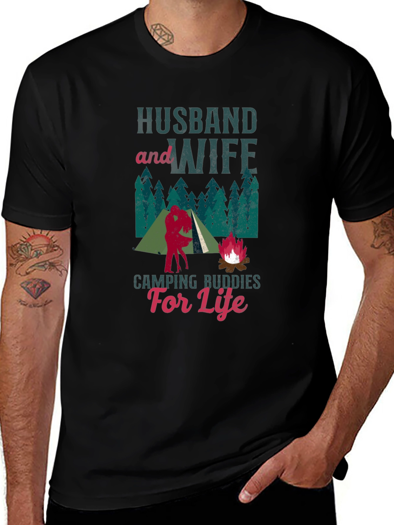 Husband and Wife Camping Buddies Black T-Shirt