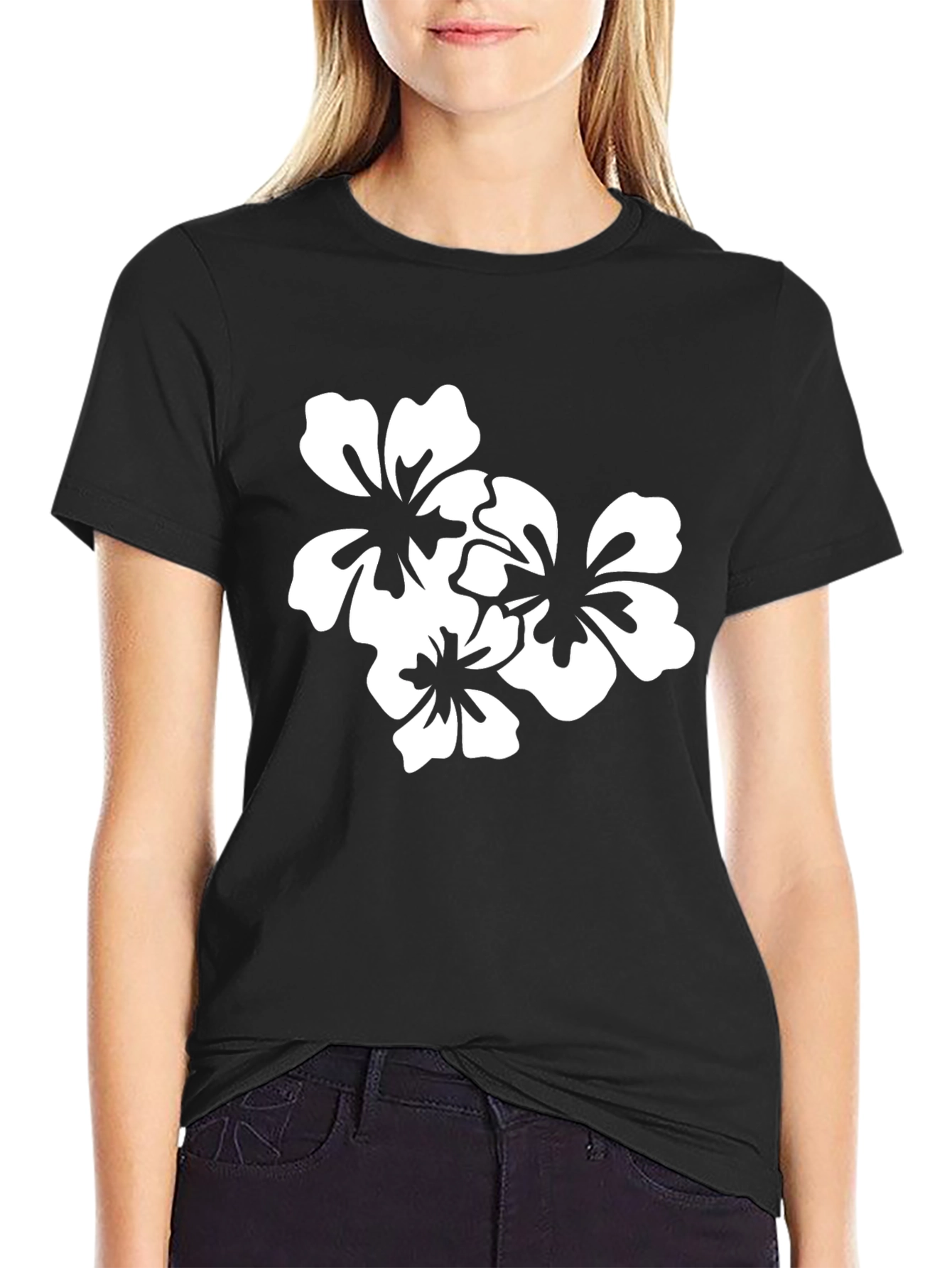 Black T-Shirt with White Floral Design