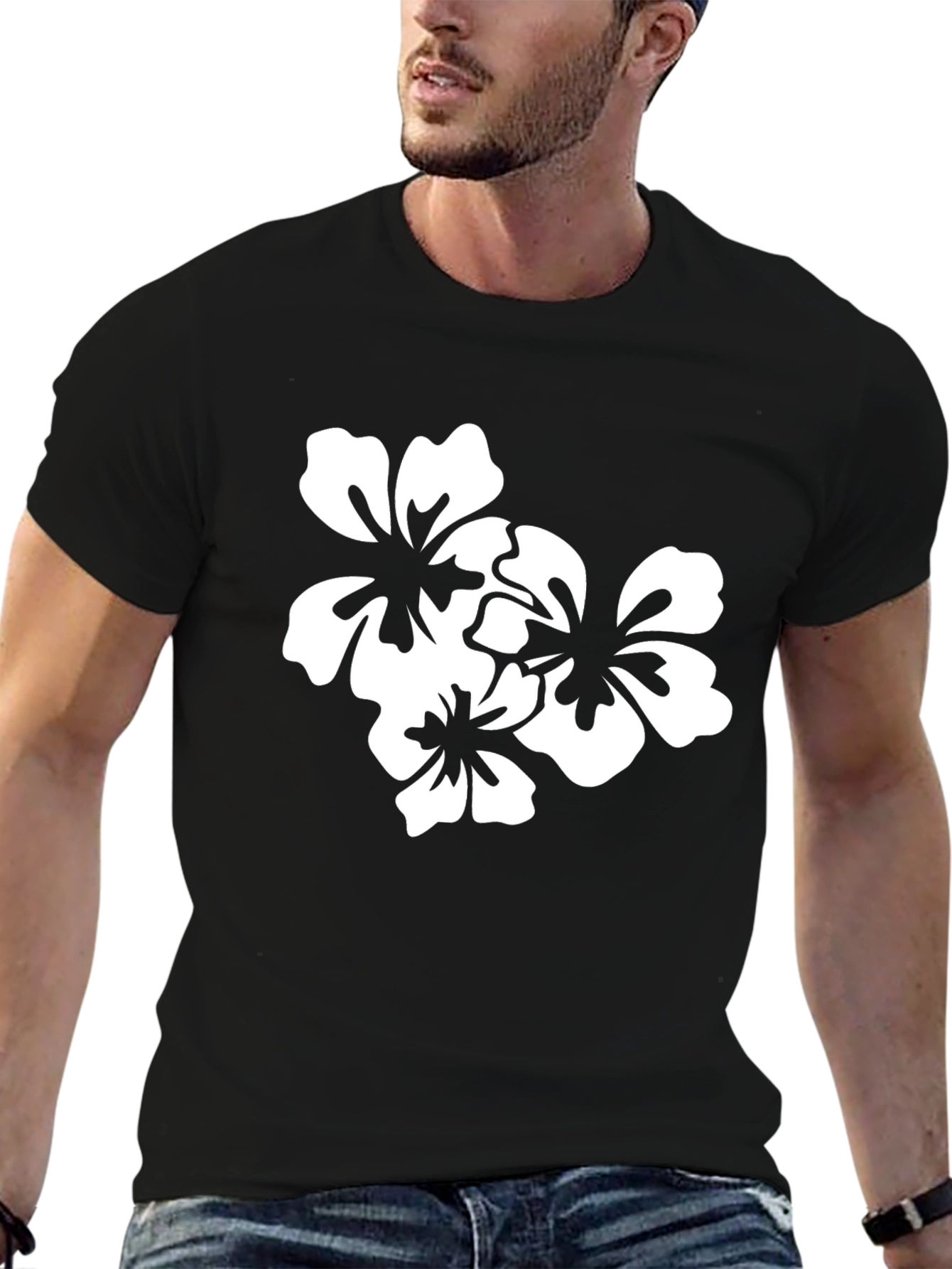 Black T-Shirt with White Floral Design