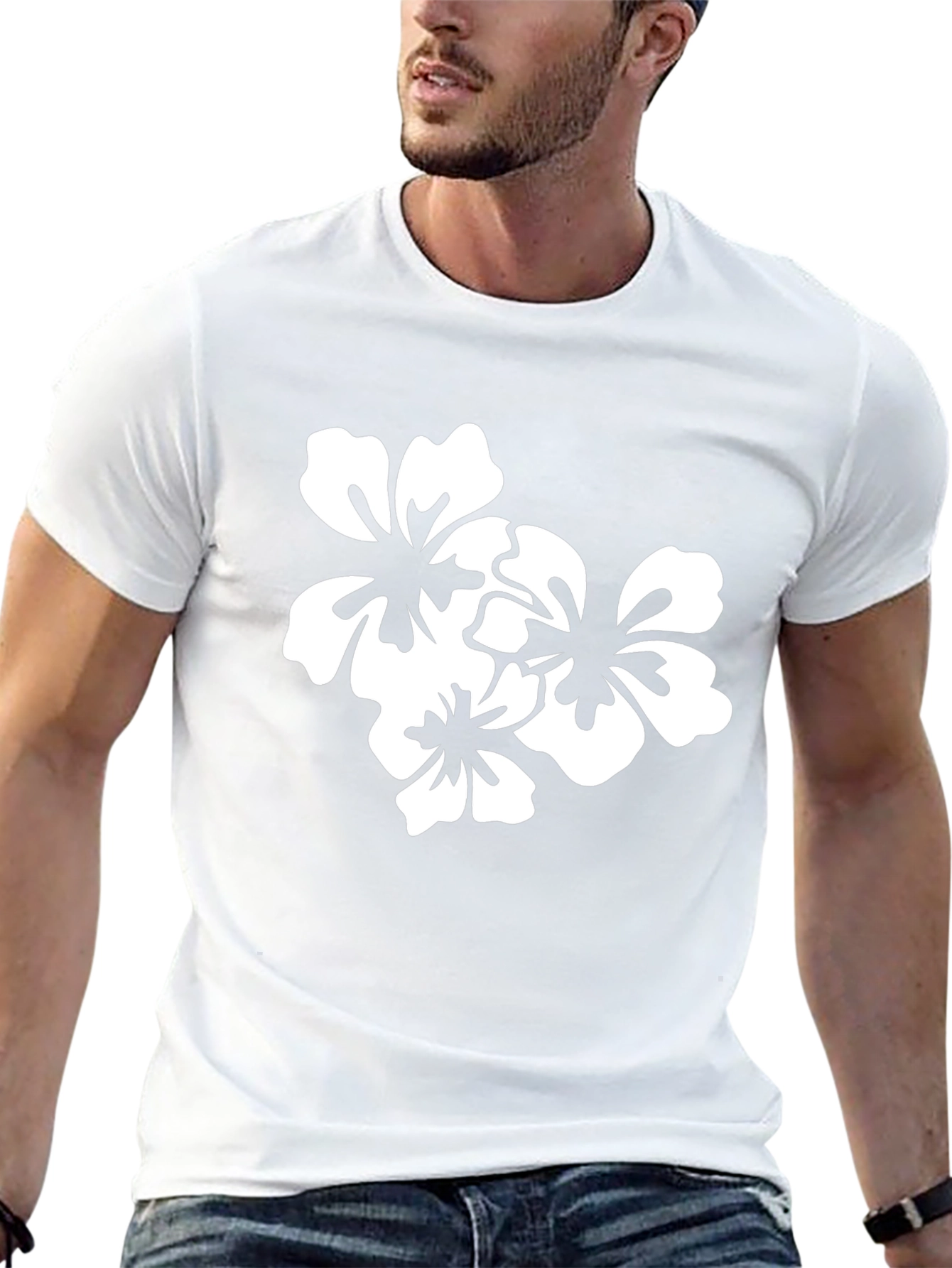Black T-Shirt with White Floral Design