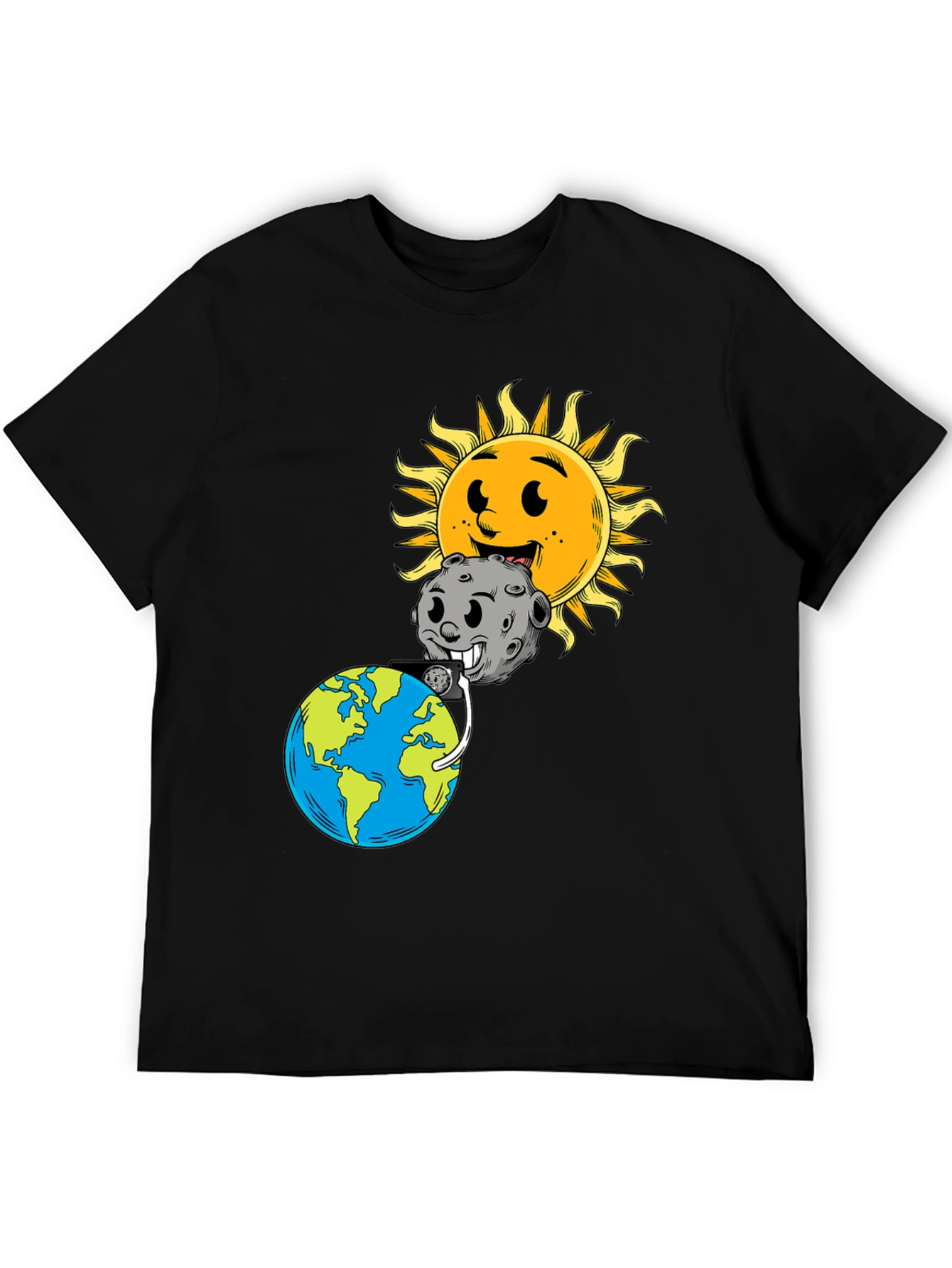 Cartoon Earth Moon & Sun Black Graphic Tee