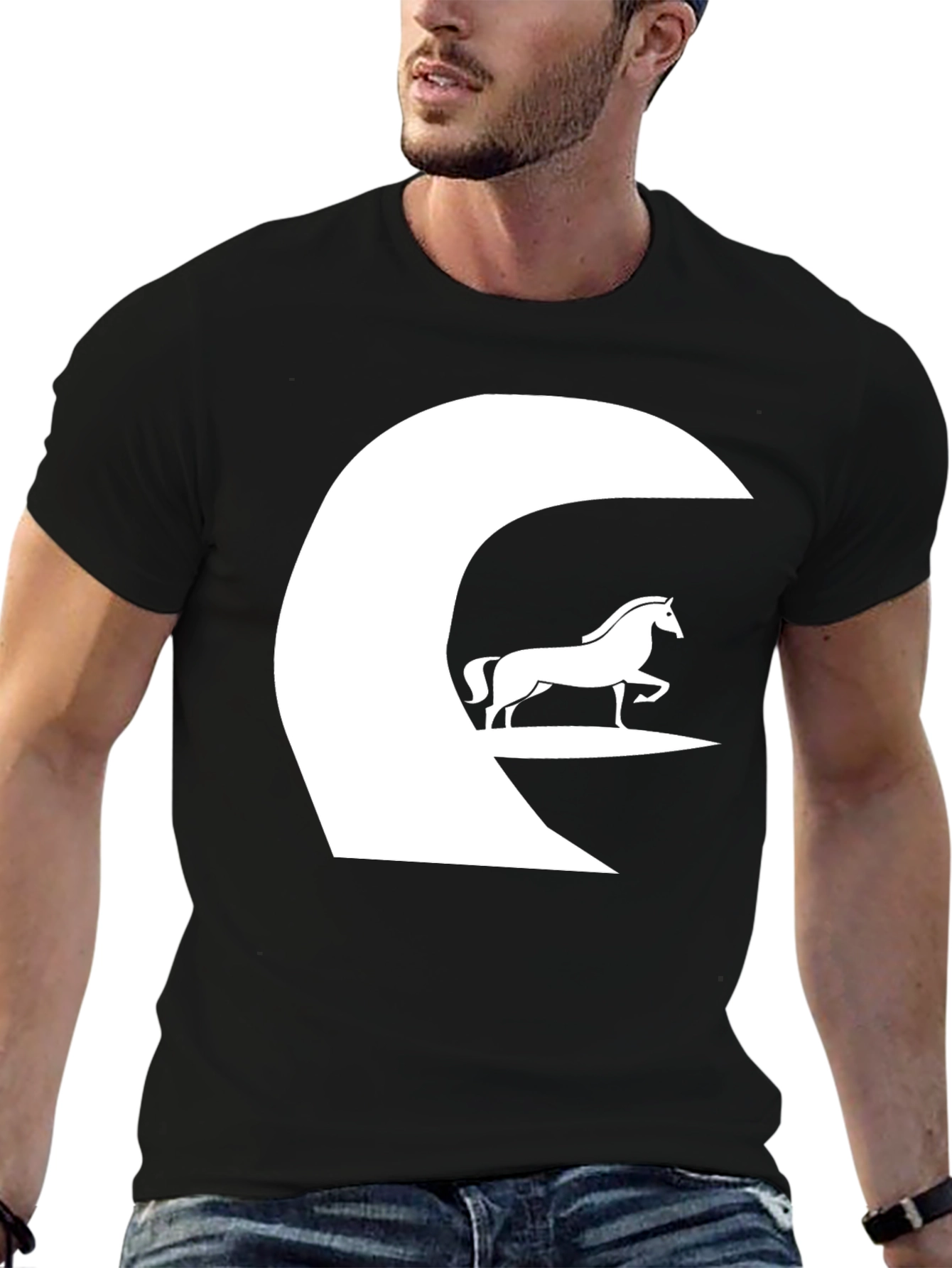 Horse Graphic Tee - Black Cotton Casual T-Shirt