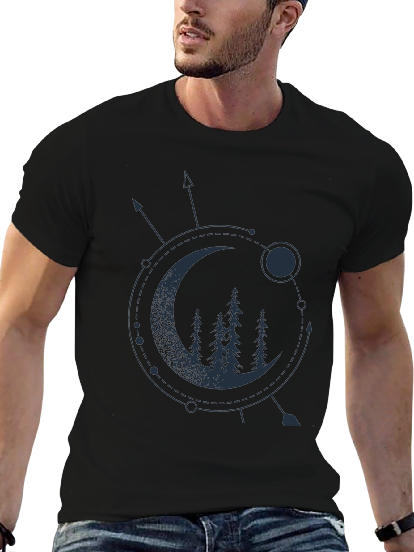 Geometric Moon & Trees Graphic Tee - Black