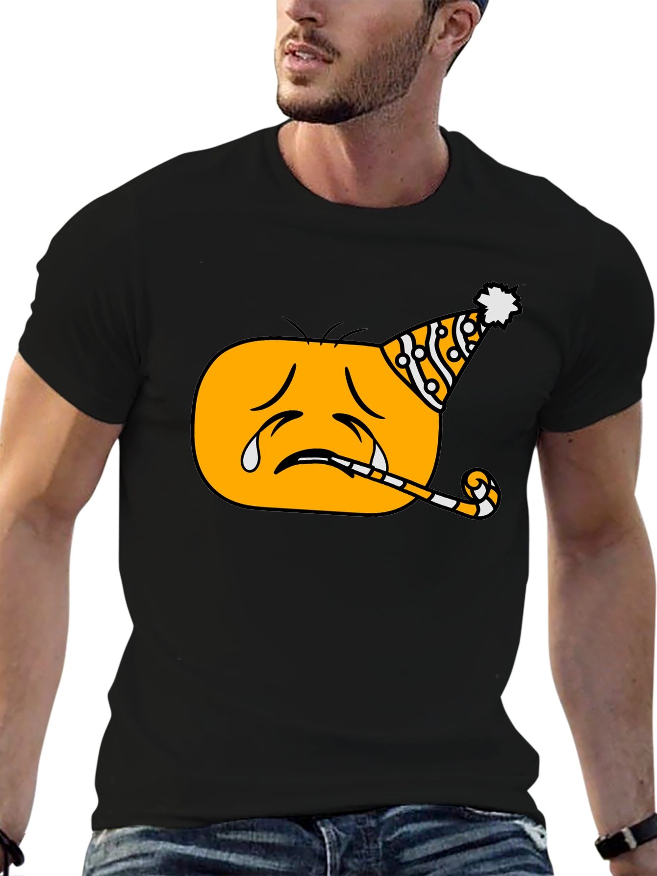 Sad Party Emoji Graphic T-Shirt - Black Crew Neck