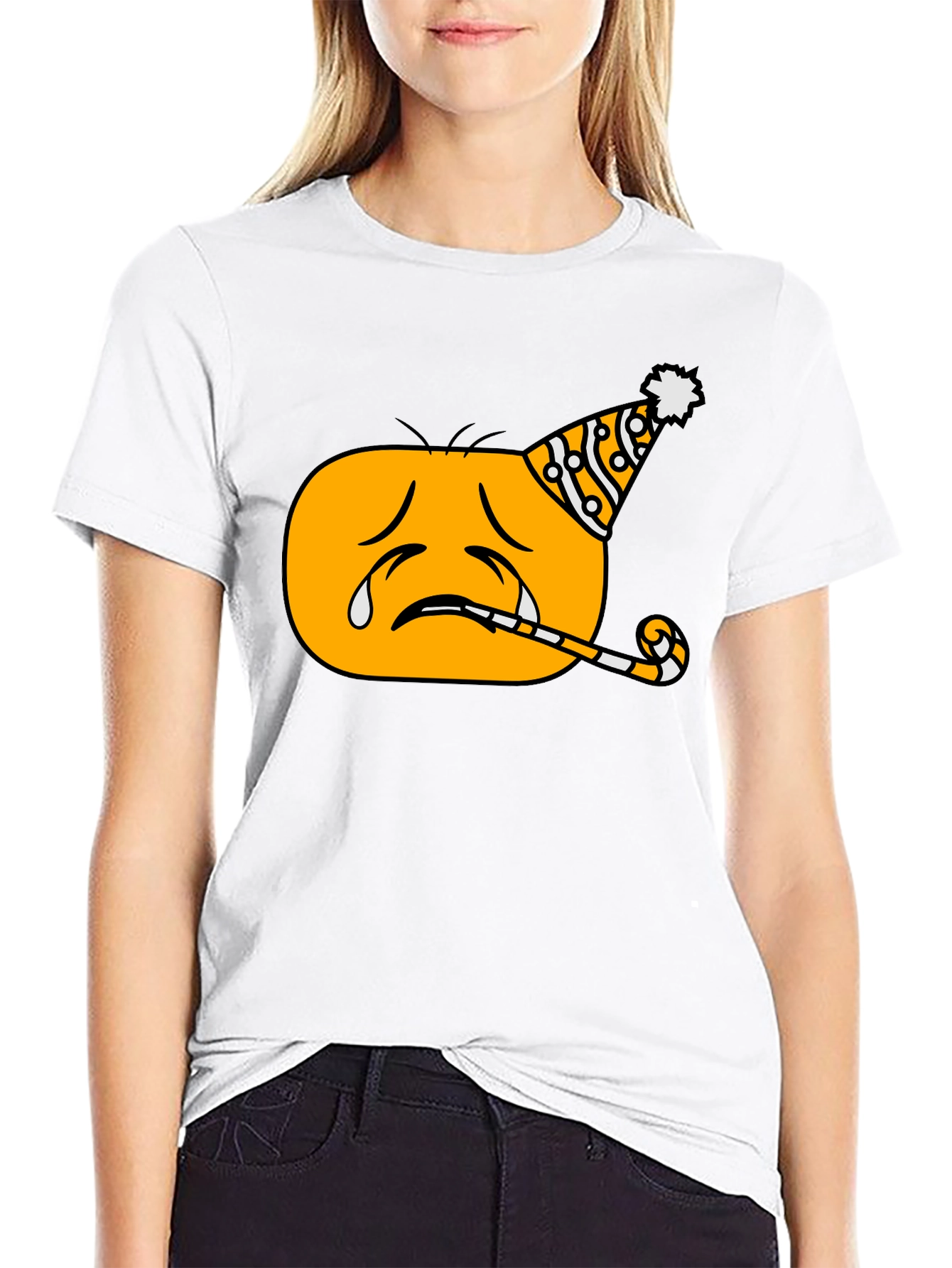 Sad Party Emoji Graphic T-Shirt - Black Crew Neck