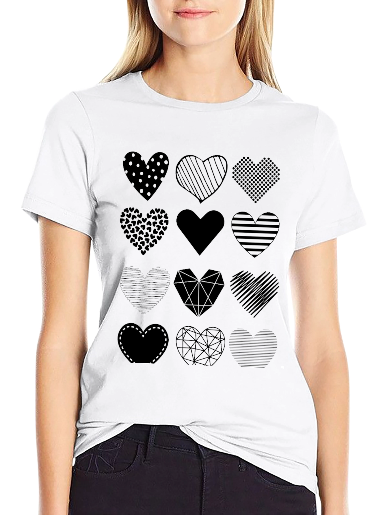 Heart Pattern Black T-Shirt
