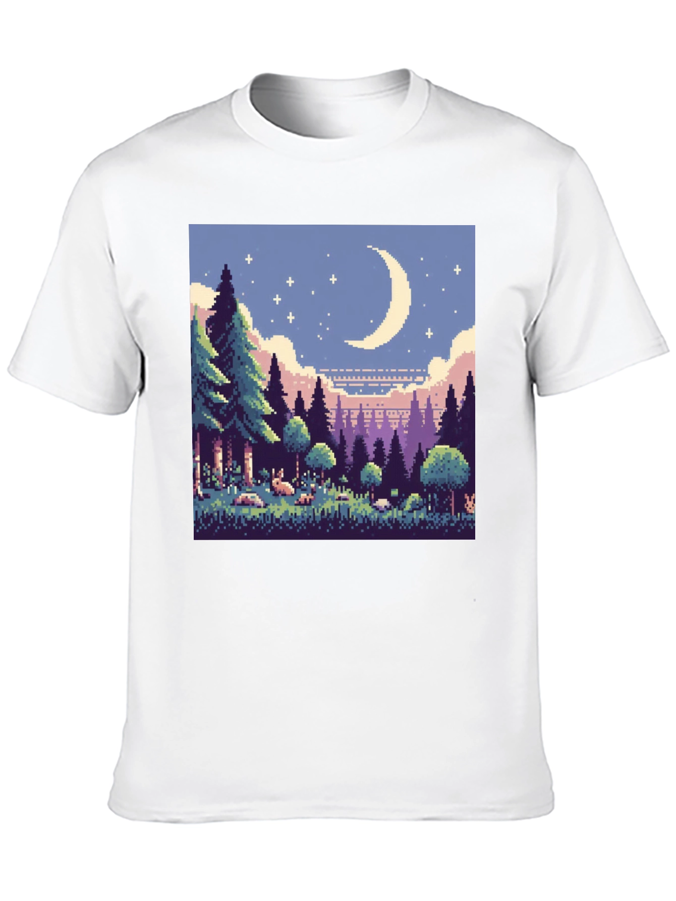 Pixel Art Moonlit Forest Black T-Shirt
