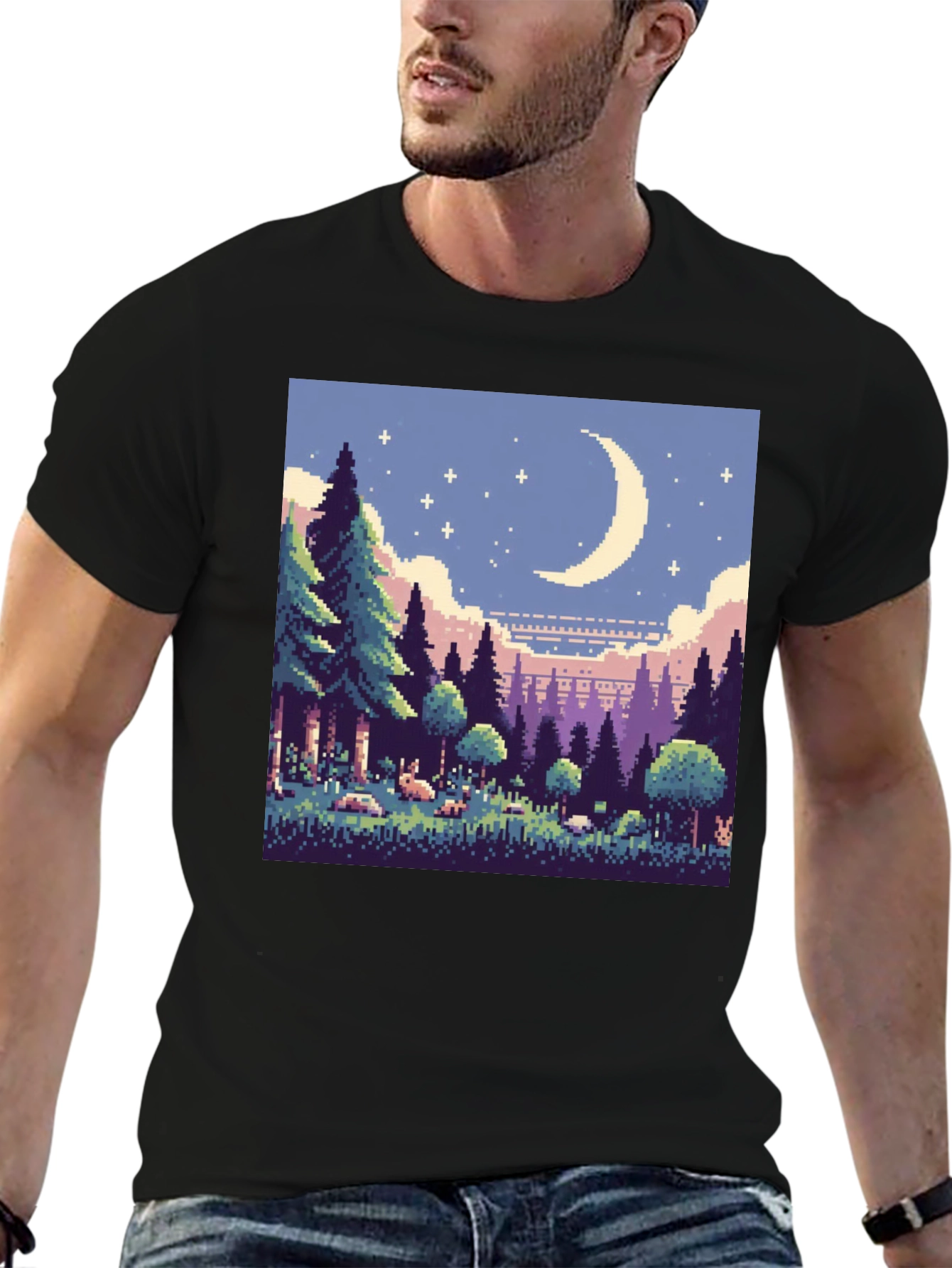 Pixel Art Moonlit Forest Black T-Shirt