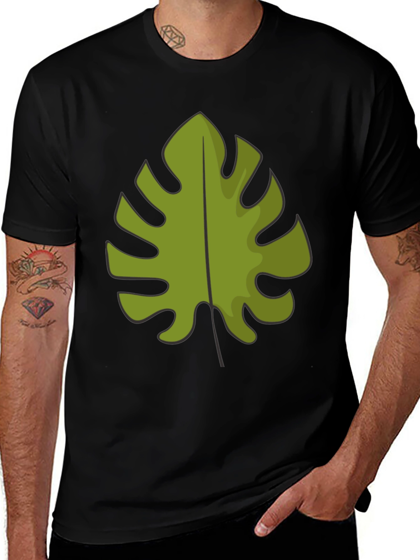 Tropical Monstera Leaf Graphic Tee - Black
