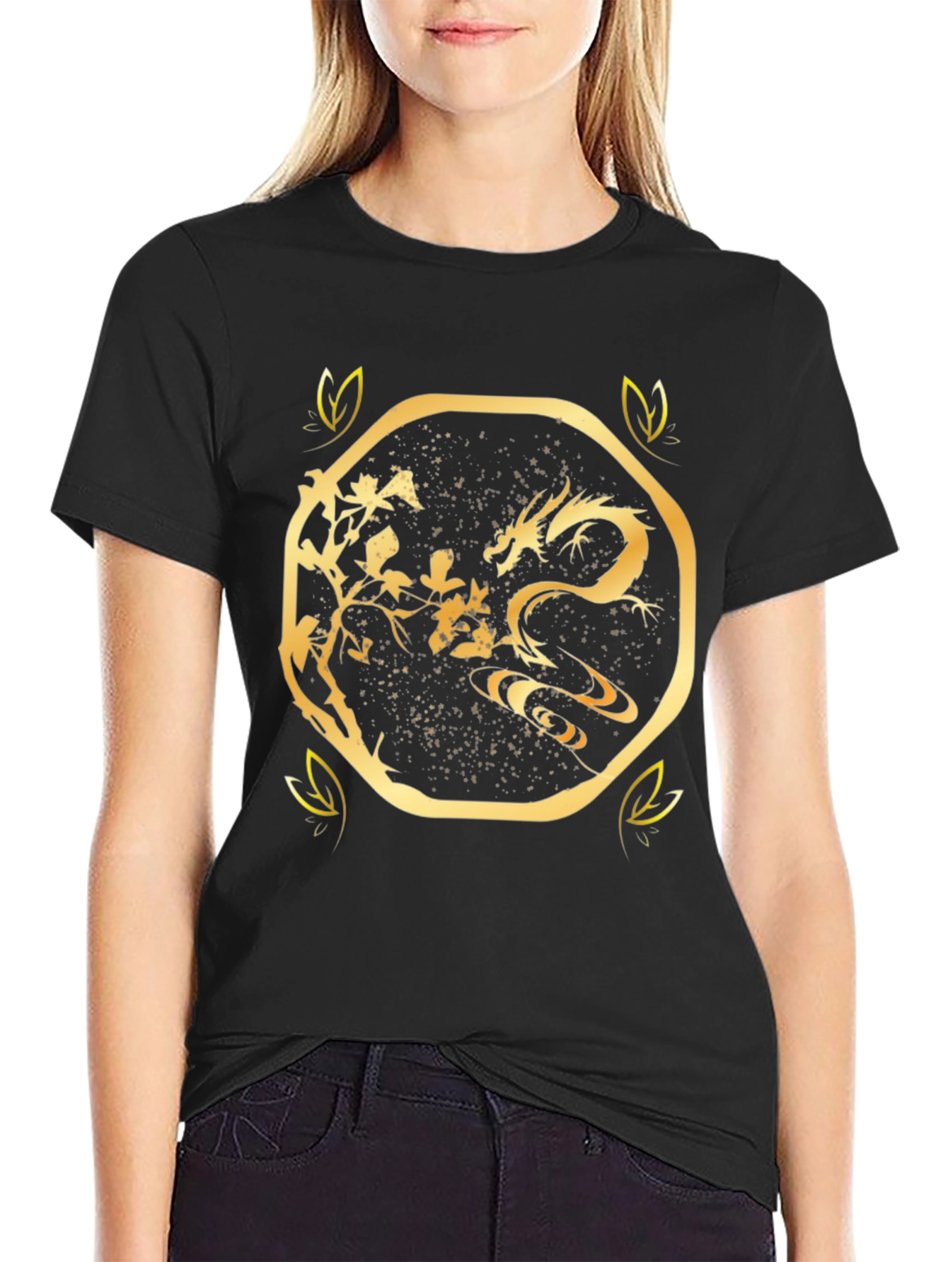 Golden Dragon Graphic Print Black T-Shirt