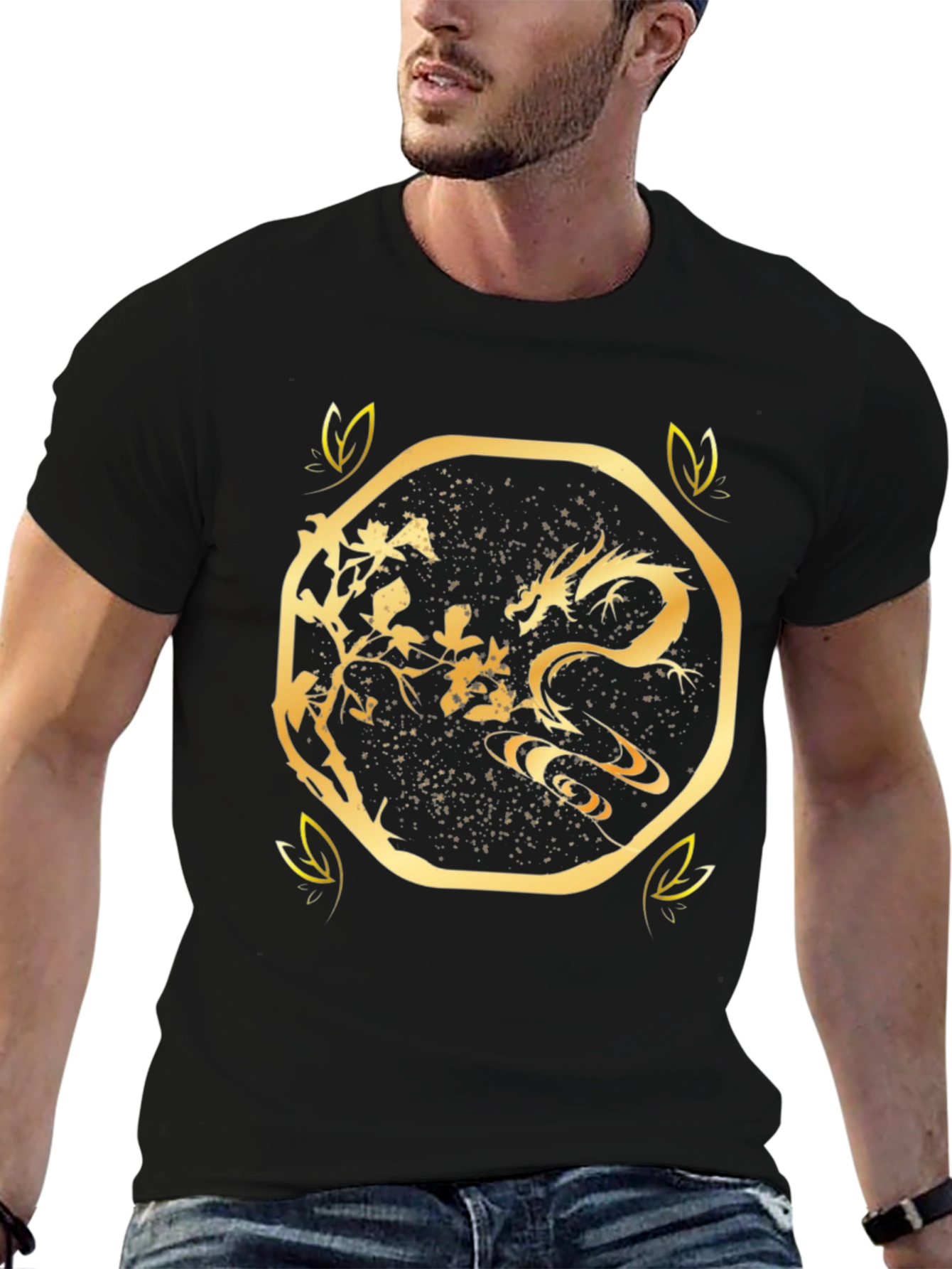 Golden Dragon Graphic Print Black T-Shirt