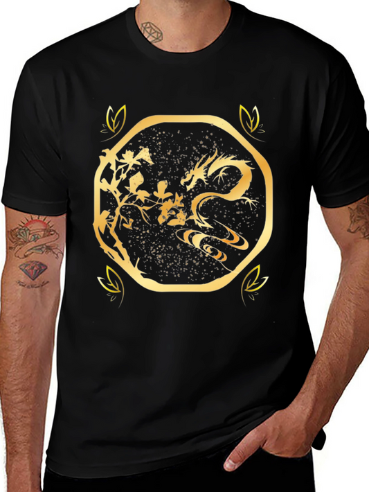 Golden Dragon Graphic Print Black T-Shirt