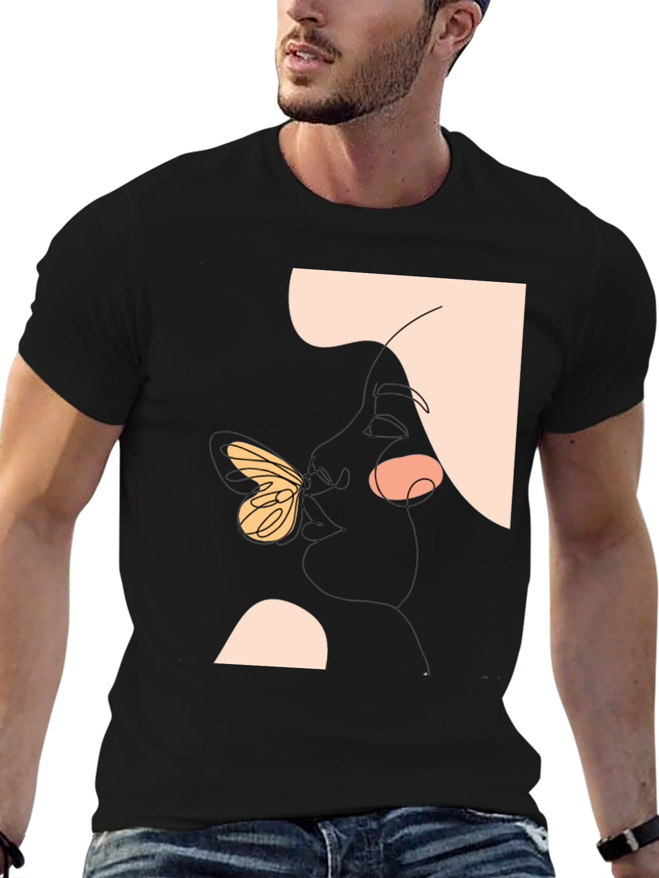 Abstract Face and Butterfly Graphic Black T-Shirt